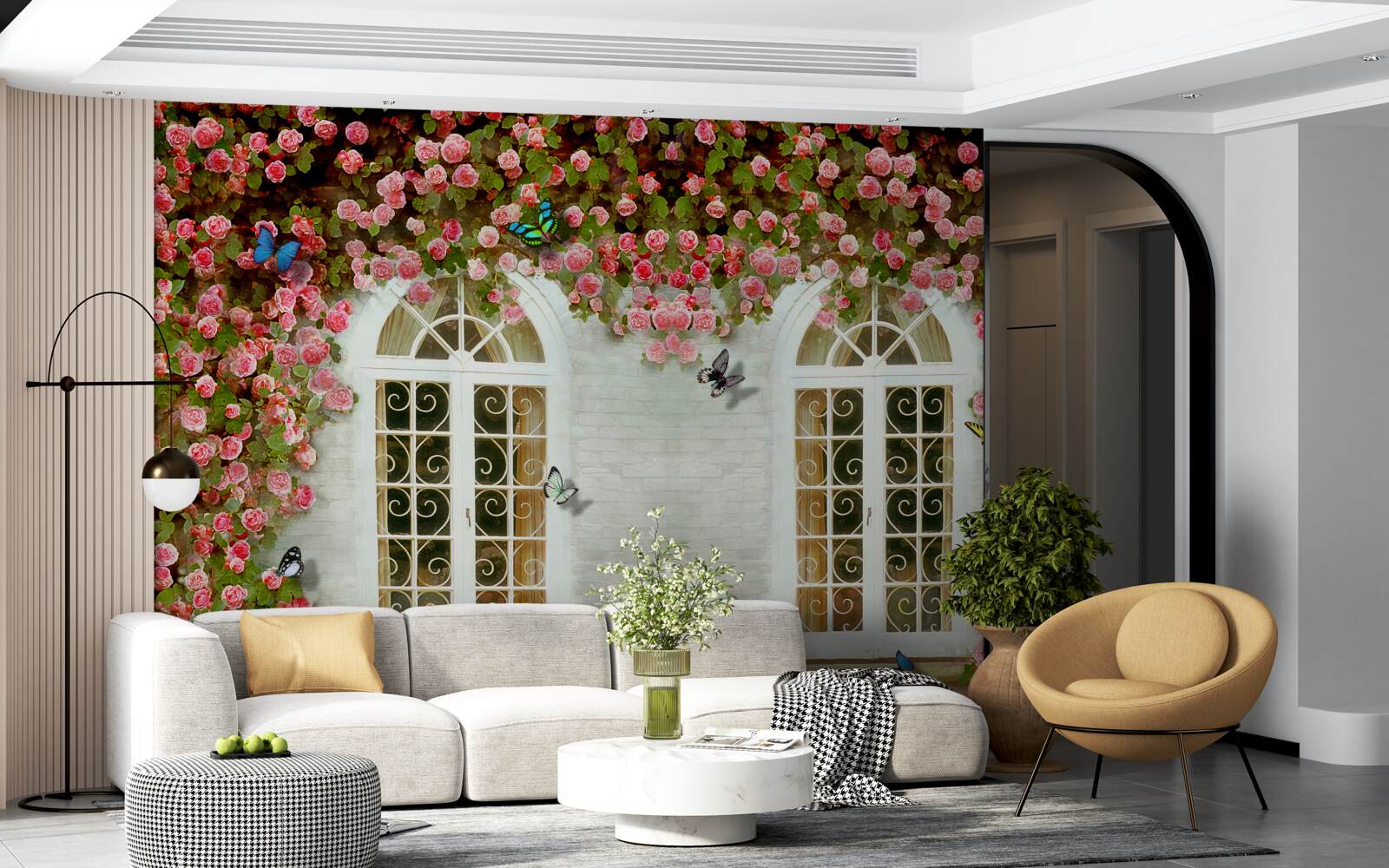 Fototapeta okna otaczają kwitnące róże