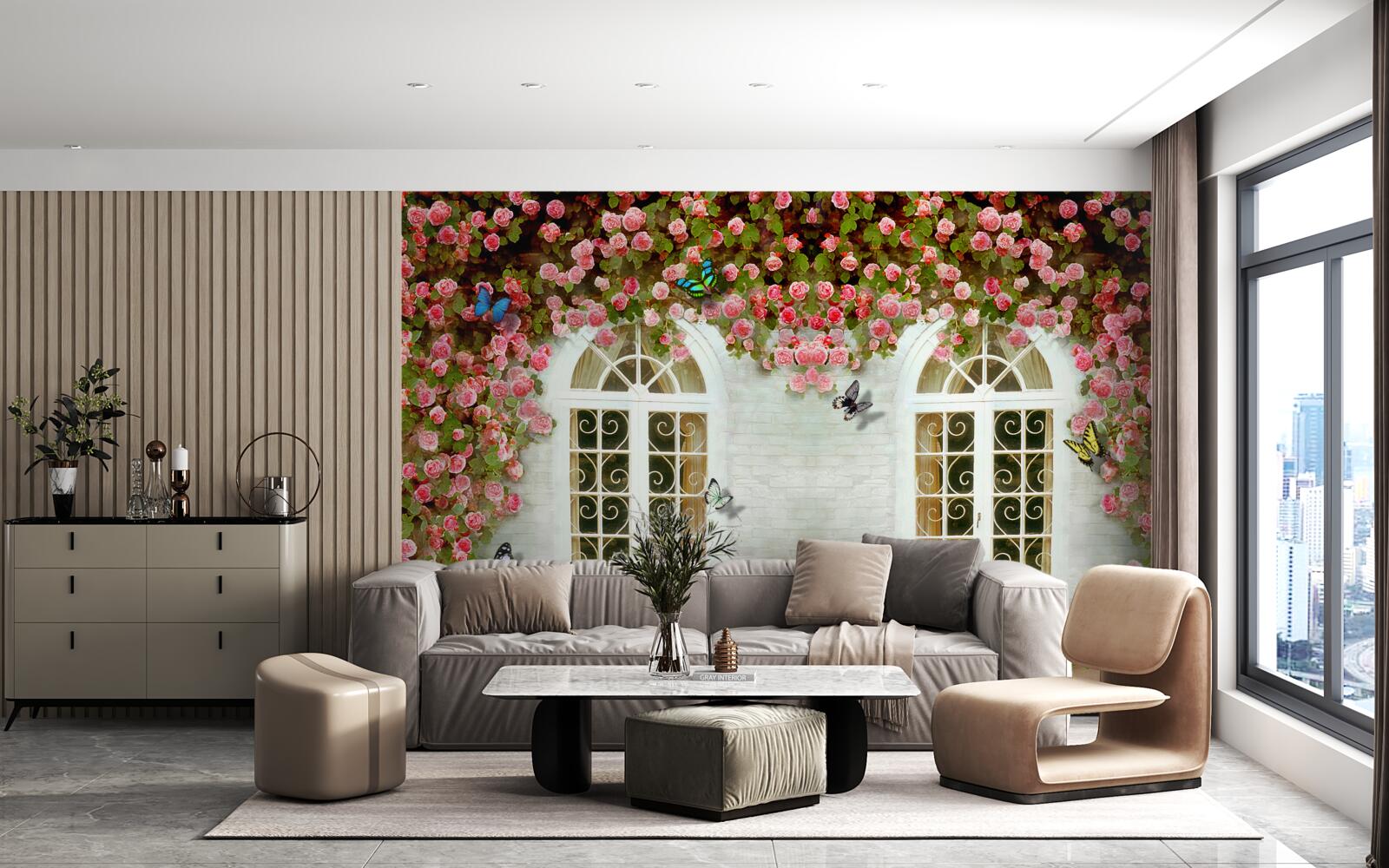 Fototapeta okna otaczają kwitnące róże