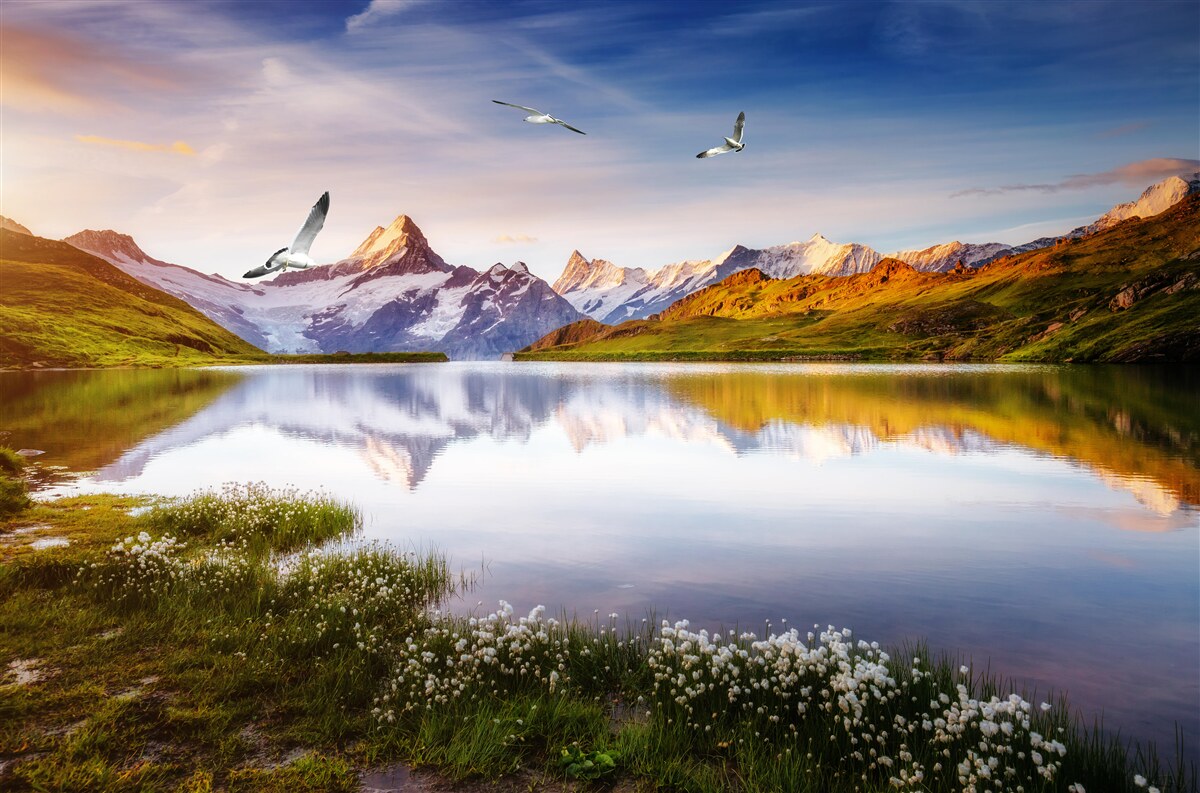 Fototapeta zachód słońca nad górską rzeką