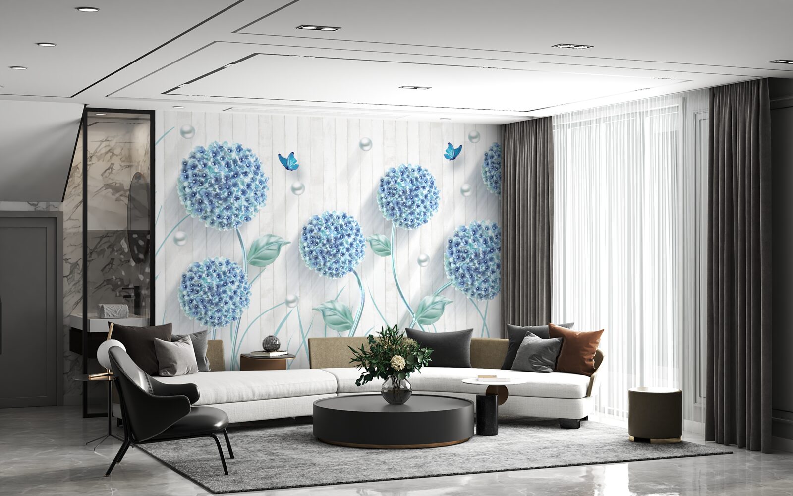 Fototapeta niezwykłe niebieskie motyle i kwiaty