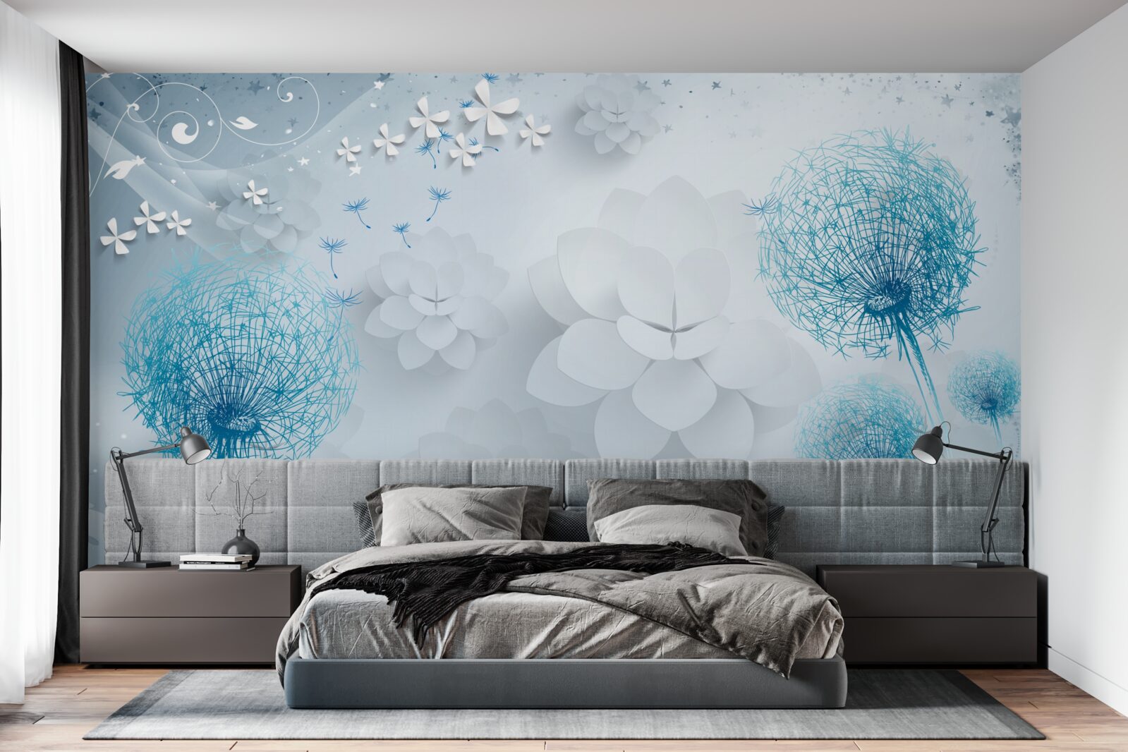 Fototapeta gama odcieni niebieskiego z kwiatami