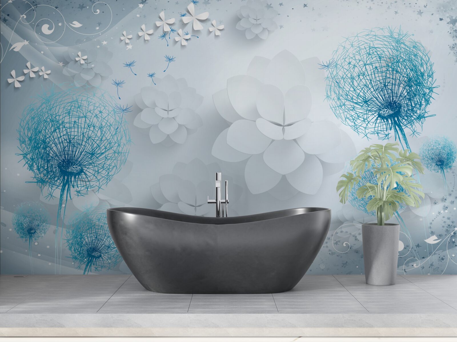 Fototapeta gama odcieni niebieskiego z kwiatami