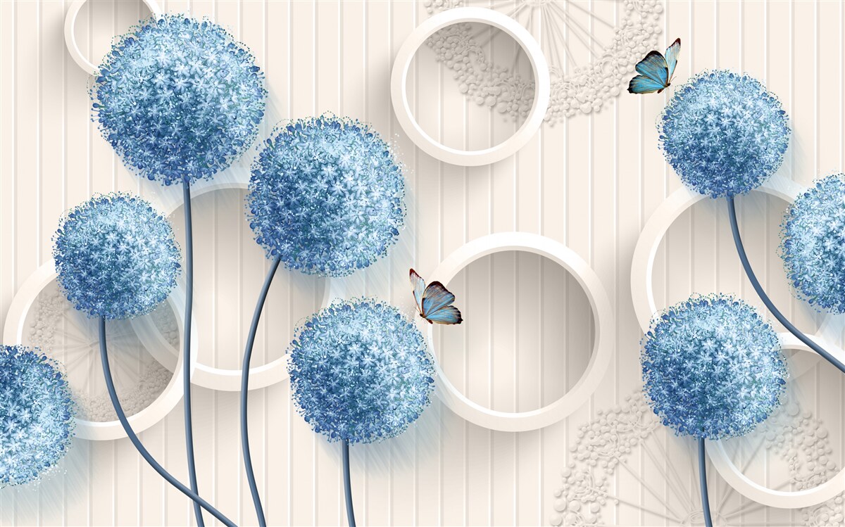 Fototapeta motyle i niebieskie kwiaty są przedstawione na białym tle