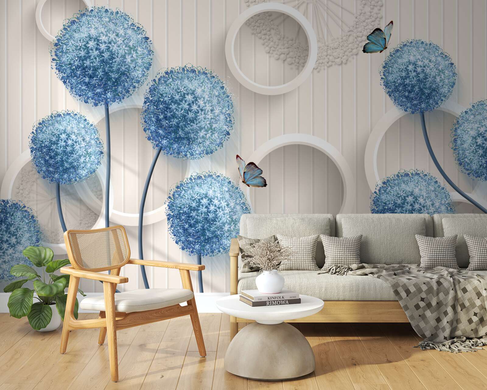 Fototapeta motyle i niebieskie kwiaty są przedstawione na białym tle