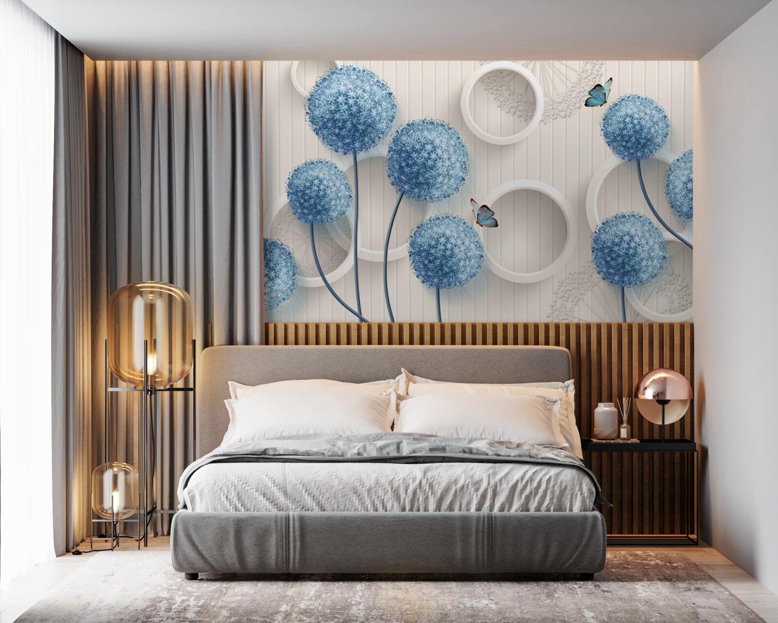 Fototapeta motyle i niebieskie kwiaty są przedstawione na białym tle