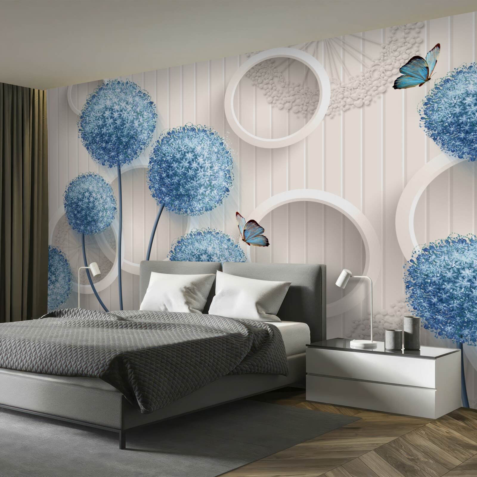 Fototapeta motyle i niebieskie kwiaty są przedstawione na białym tle