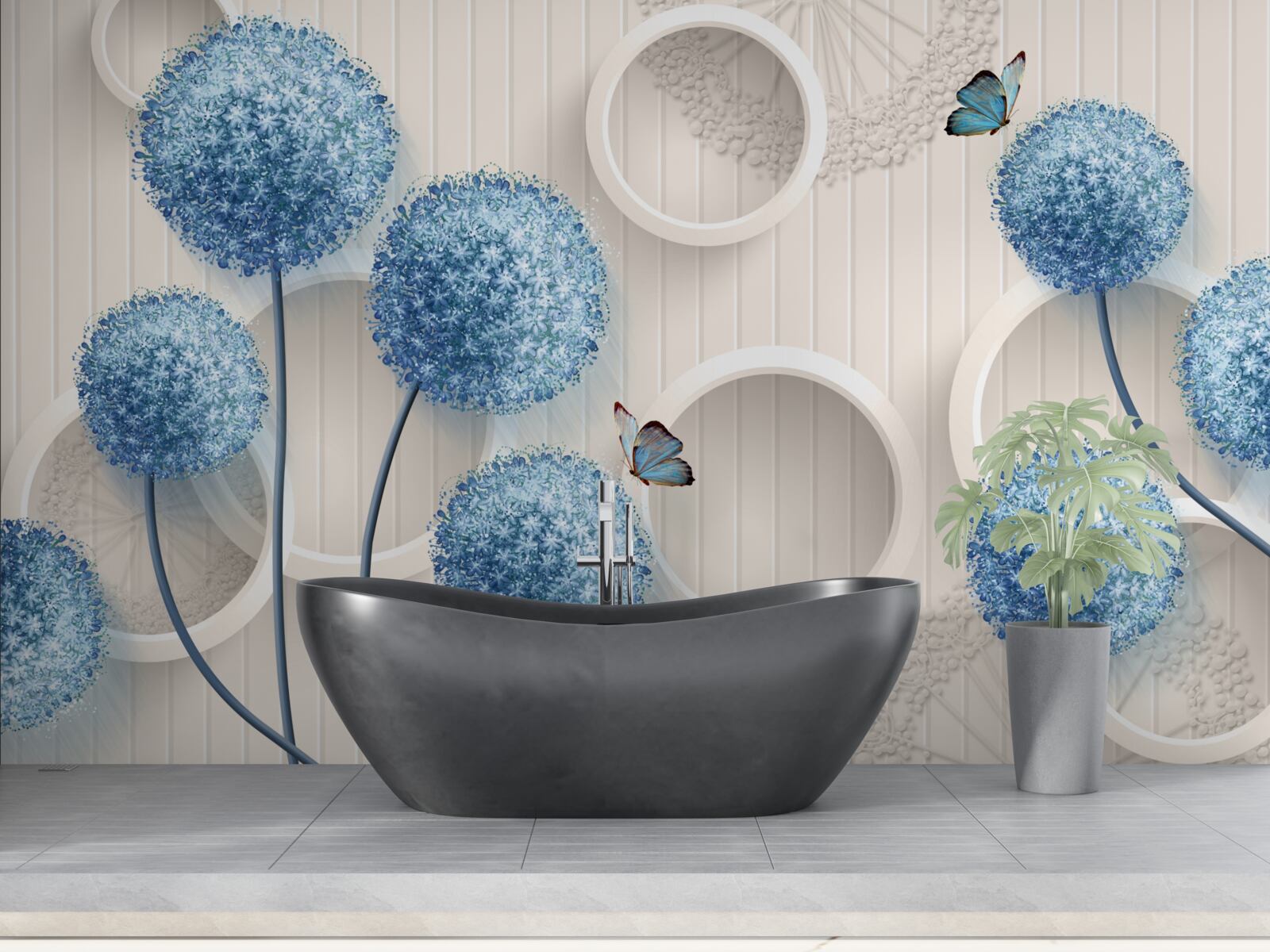 Fototapeta motyle i niebieskie kwiaty są przedstawione na białym tle