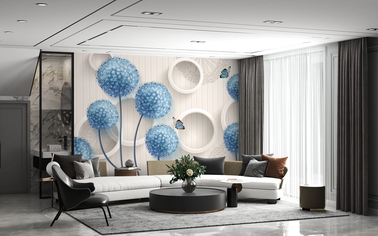 Fototapeta motyle i niebieskie kwiaty są przedstawione na białym tle