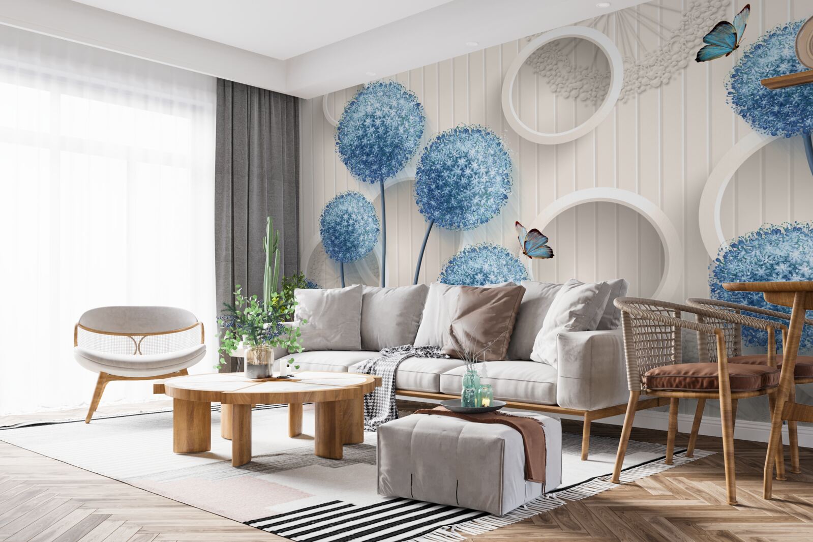 Fototapeta motyle i niebieskie kwiaty są przedstawione na białym tle