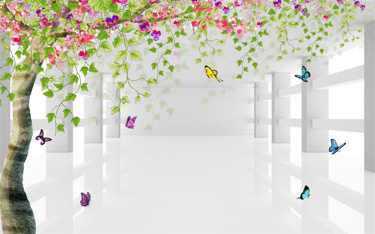 Fototapeta motyle wędrują po kwitnącym drzewie w korytarzu