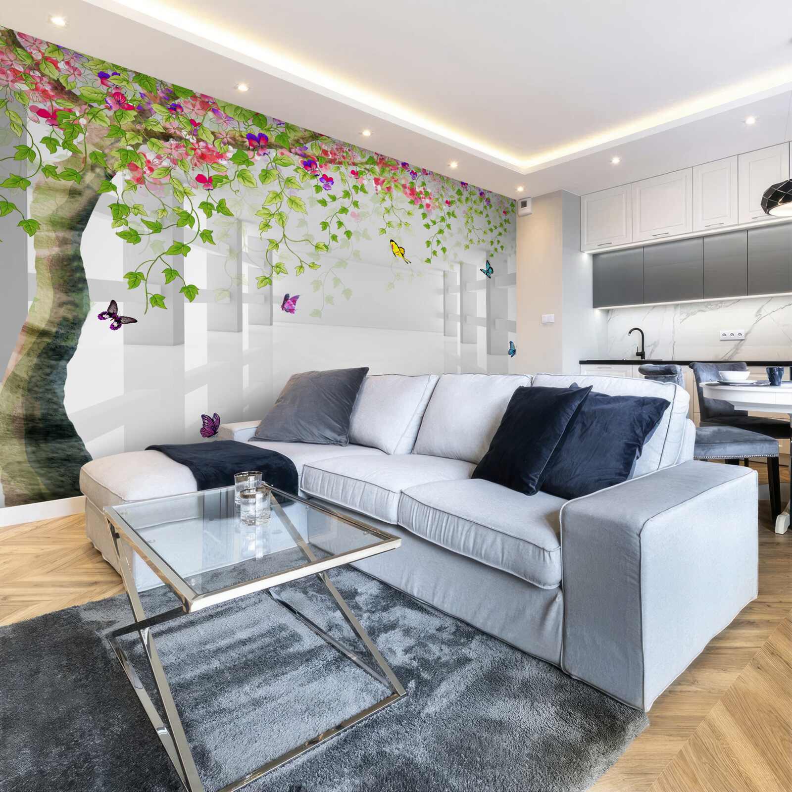 Fototapeta motyle wędrują po kwitnącym drzewie w korytarzu