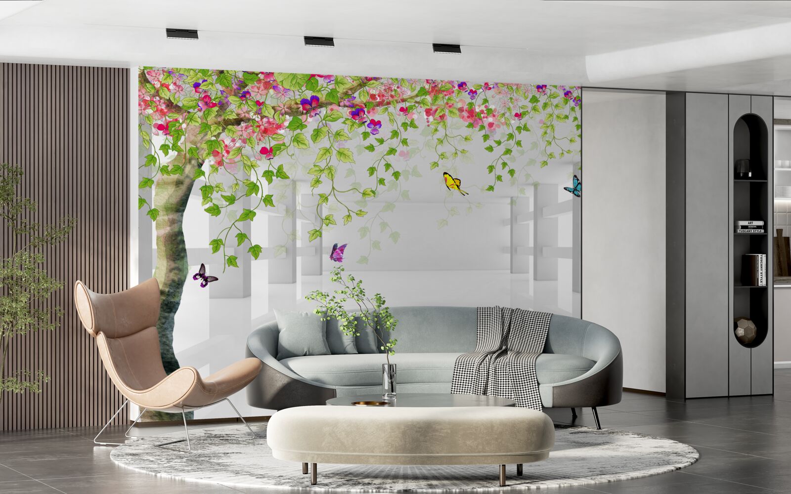 Fototapeta motyle wędrują po kwitnącym drzewie w korytarzu
