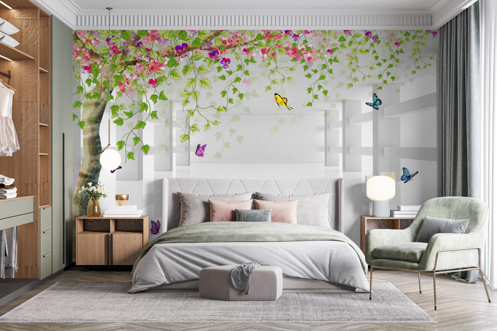 Fototapeta motyle wędrują po kwitnącym drzewie w korytarzu