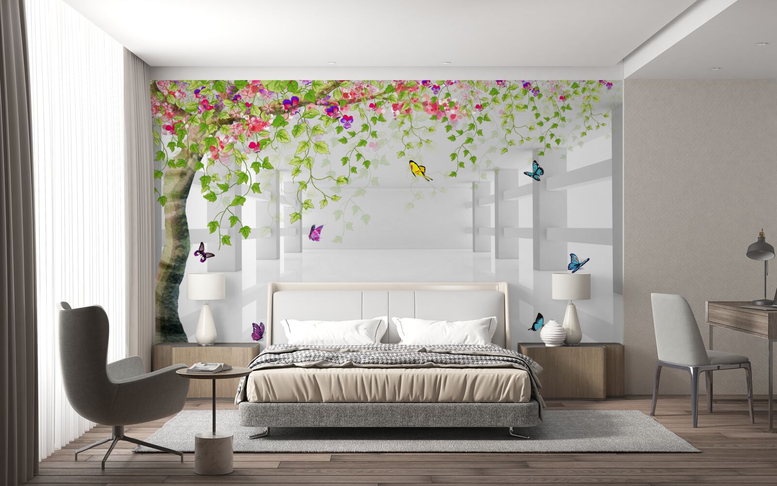 Fototapeta motyle wędrują po kwitnącym drzewie w korytarzu