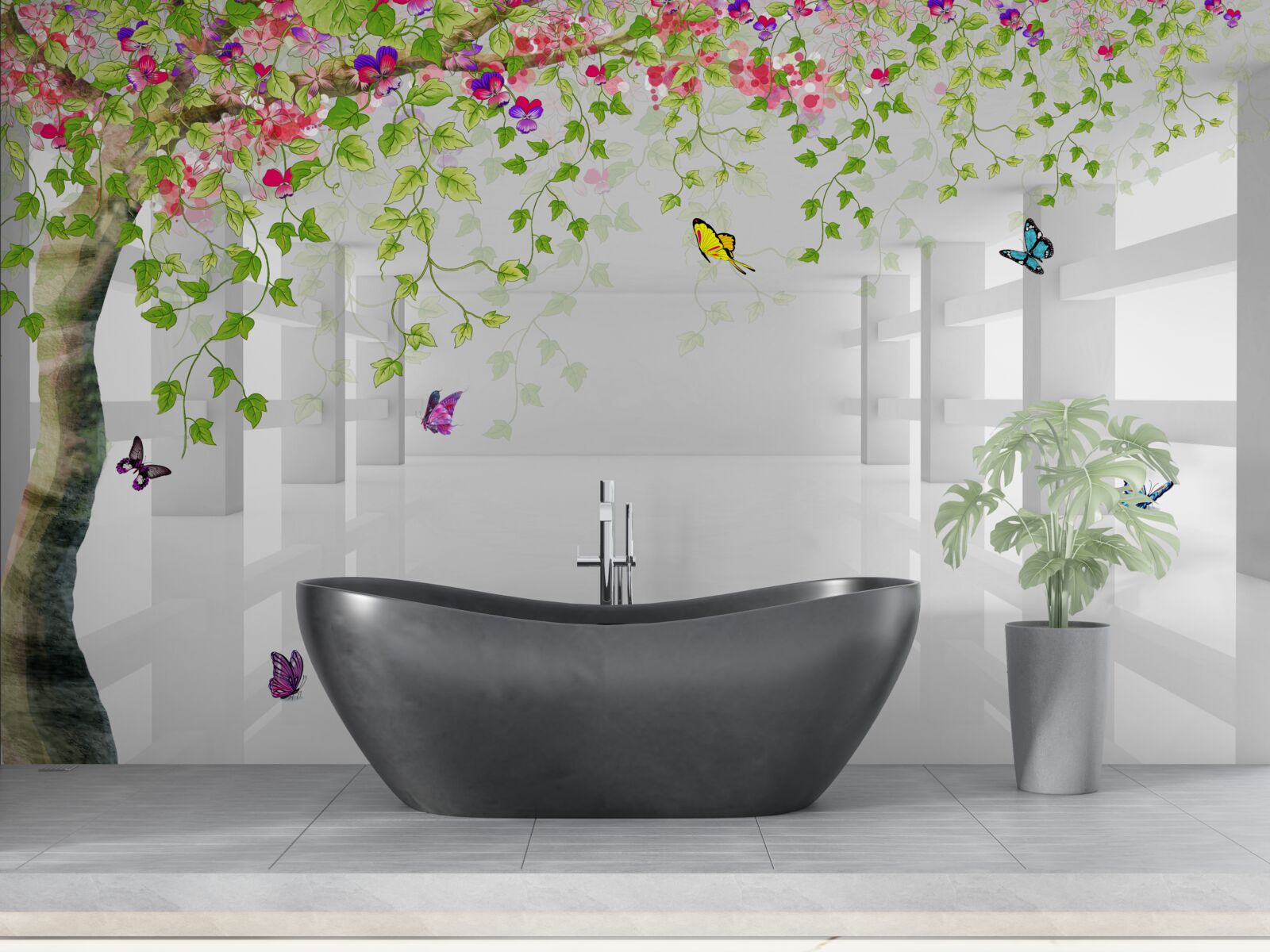 Fototapeta motyle wędrują po kwitnącym drzewie w korytarzu