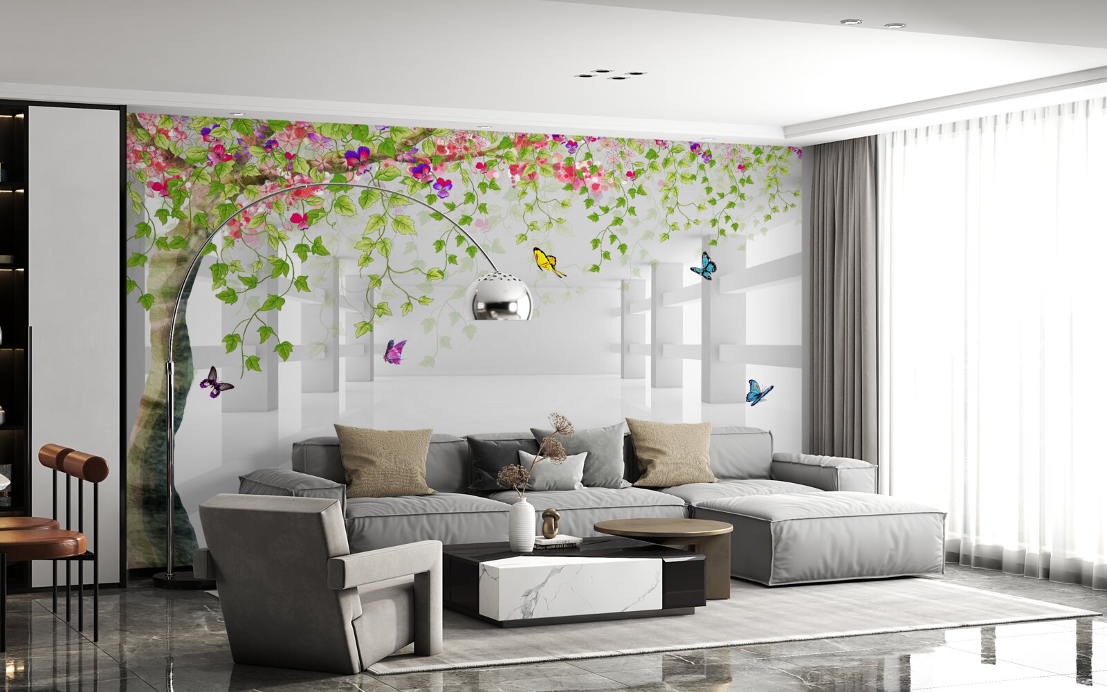 Fototapeta motyle wędrują po kwitnącym drzewie w korytarzu