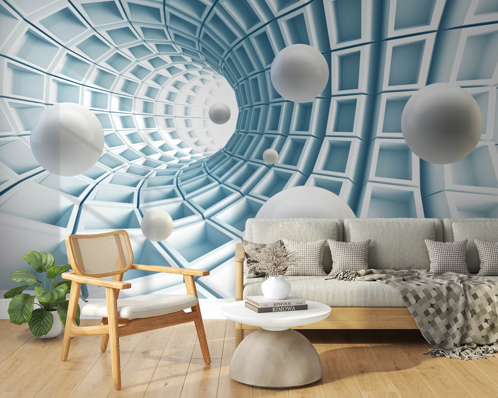 Fototapeta kule świetlne unoszą się w blaknącym niebieskim korytarzu