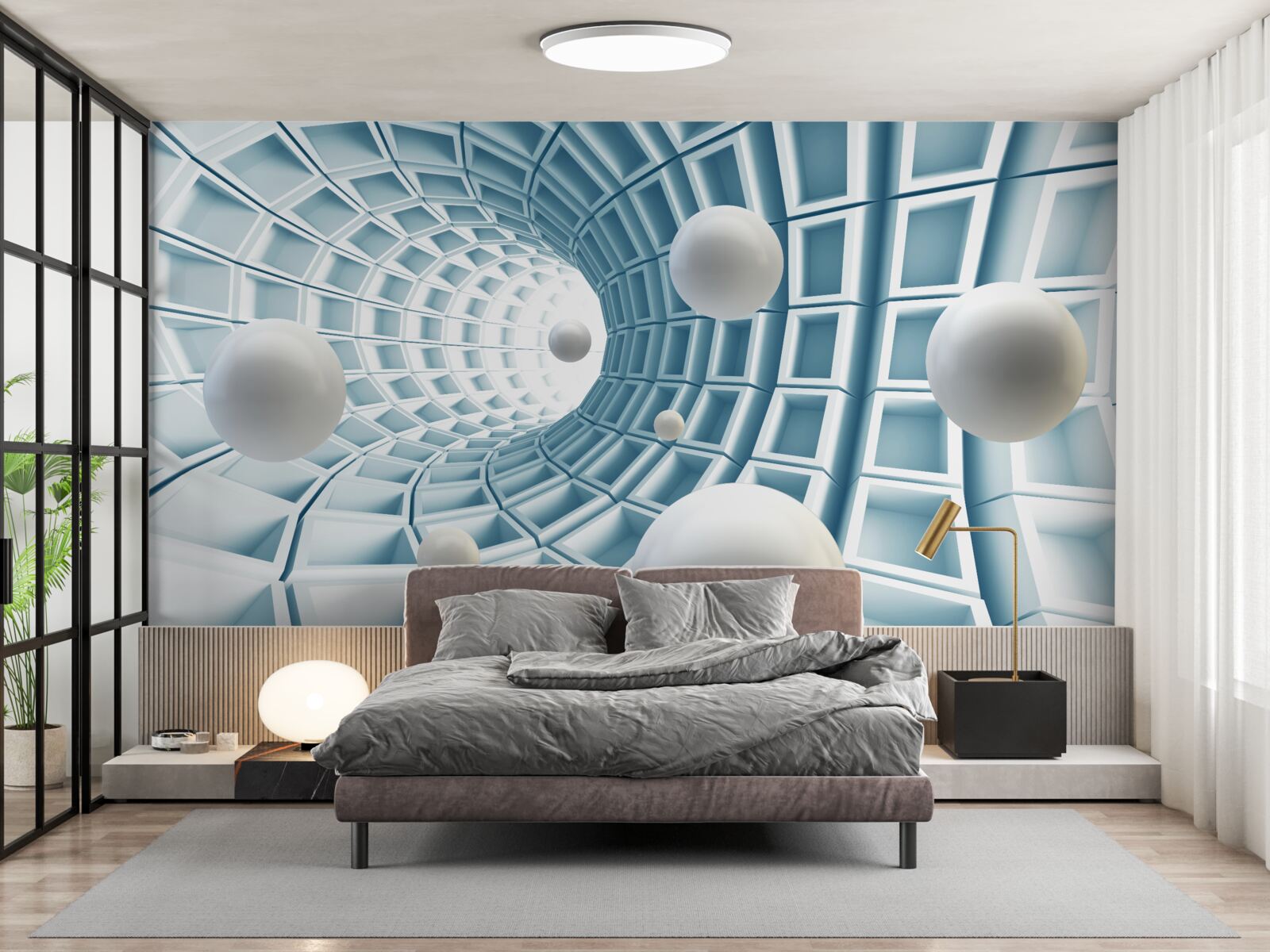 Fototapeta kule świetlne unoszą się w blaknącym niebieskim korytarzu