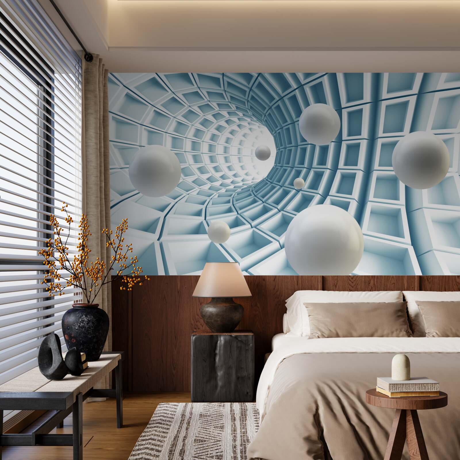 Fototapeta kule świetlne unoszą się w blaknącym niebieskim korytarzu