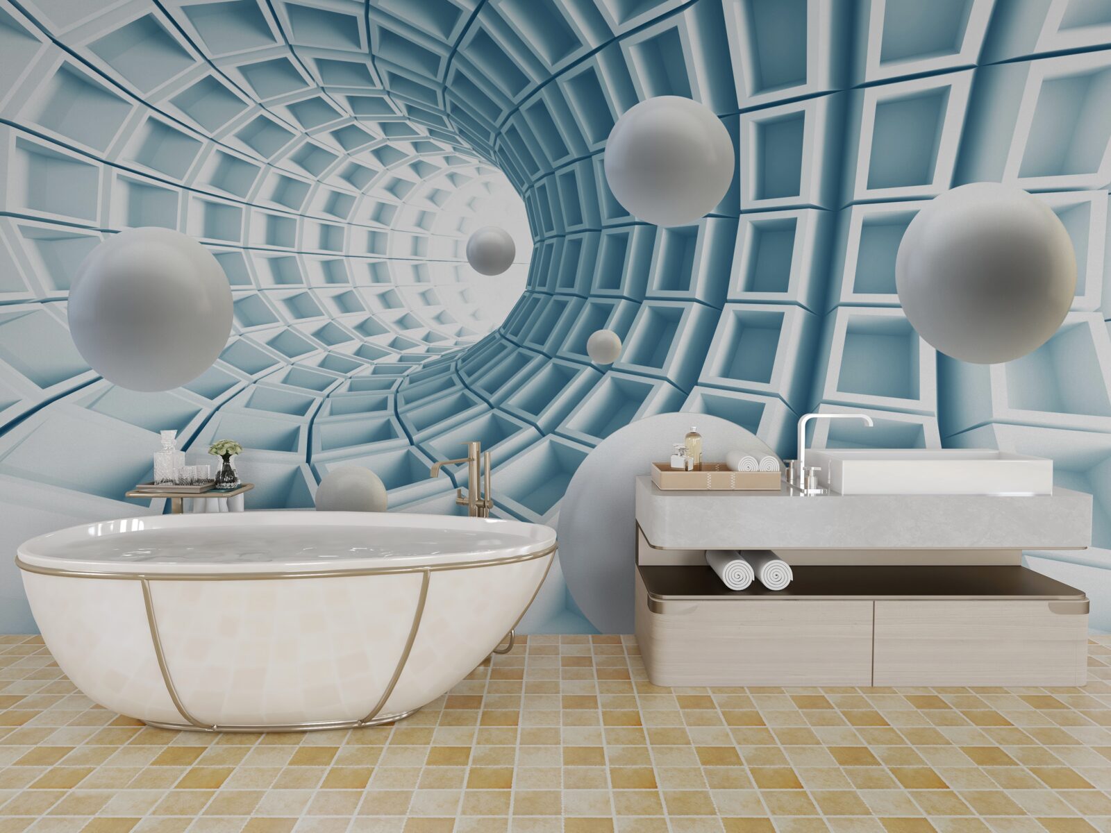 Fototapeta kule świetlne unoszą się w blaknącym niebieskim korytarzu