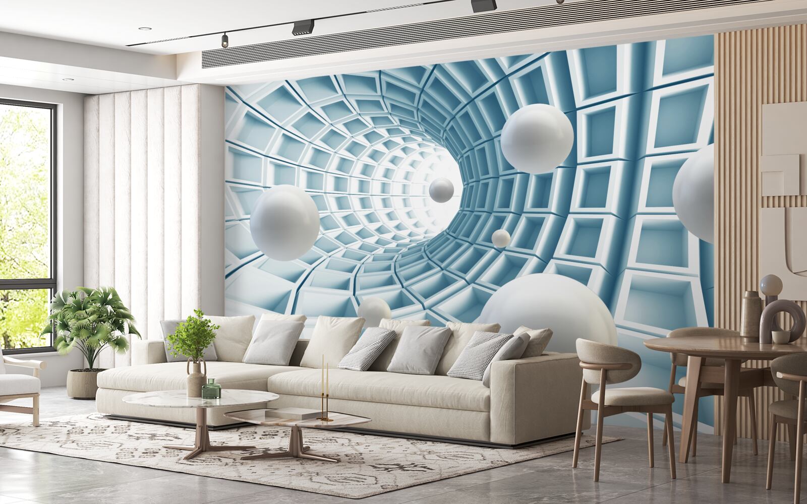 Fototapeta kule świetlne unoszą się w blaknącym niebieskim korytarzu