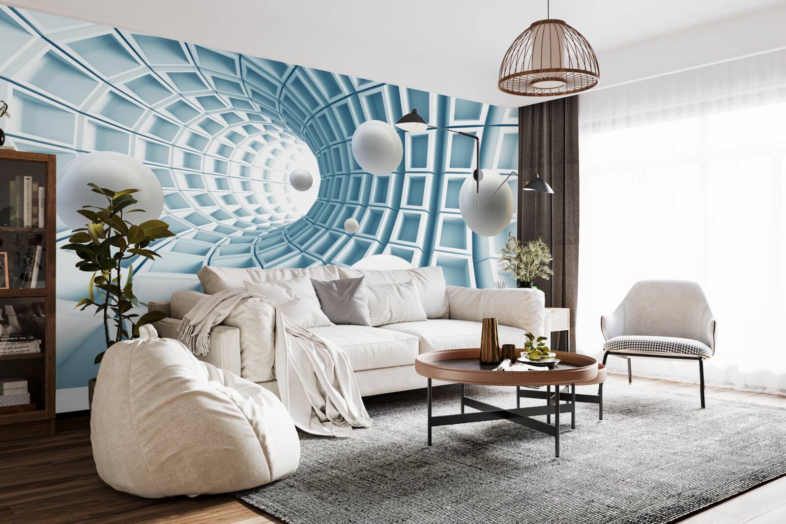 Fototapeta kule świetlne unoszą się w blaknącym niebieskim korytarzu