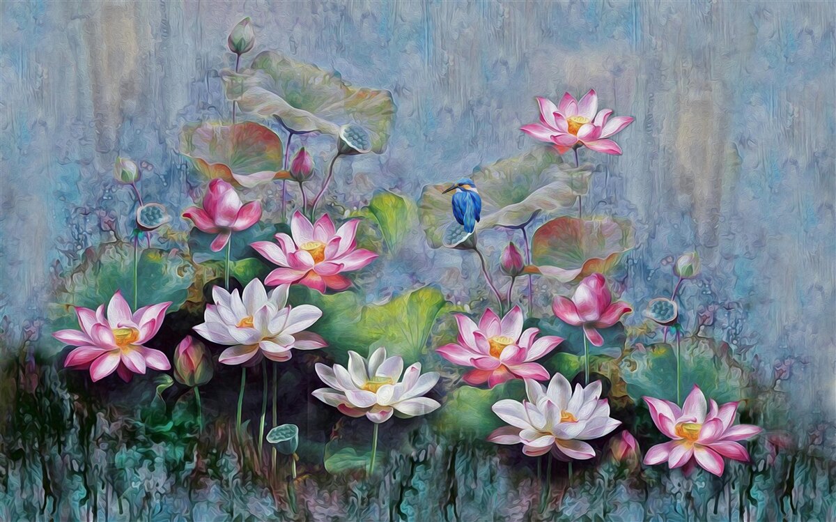 Fototapeta niebieski ptak wśród lilii wodnej