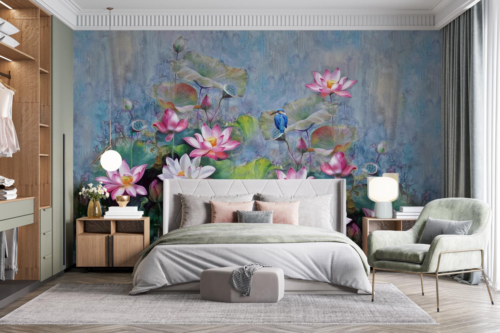 Fototapeta niebieski ptak wśród lilii wodnej