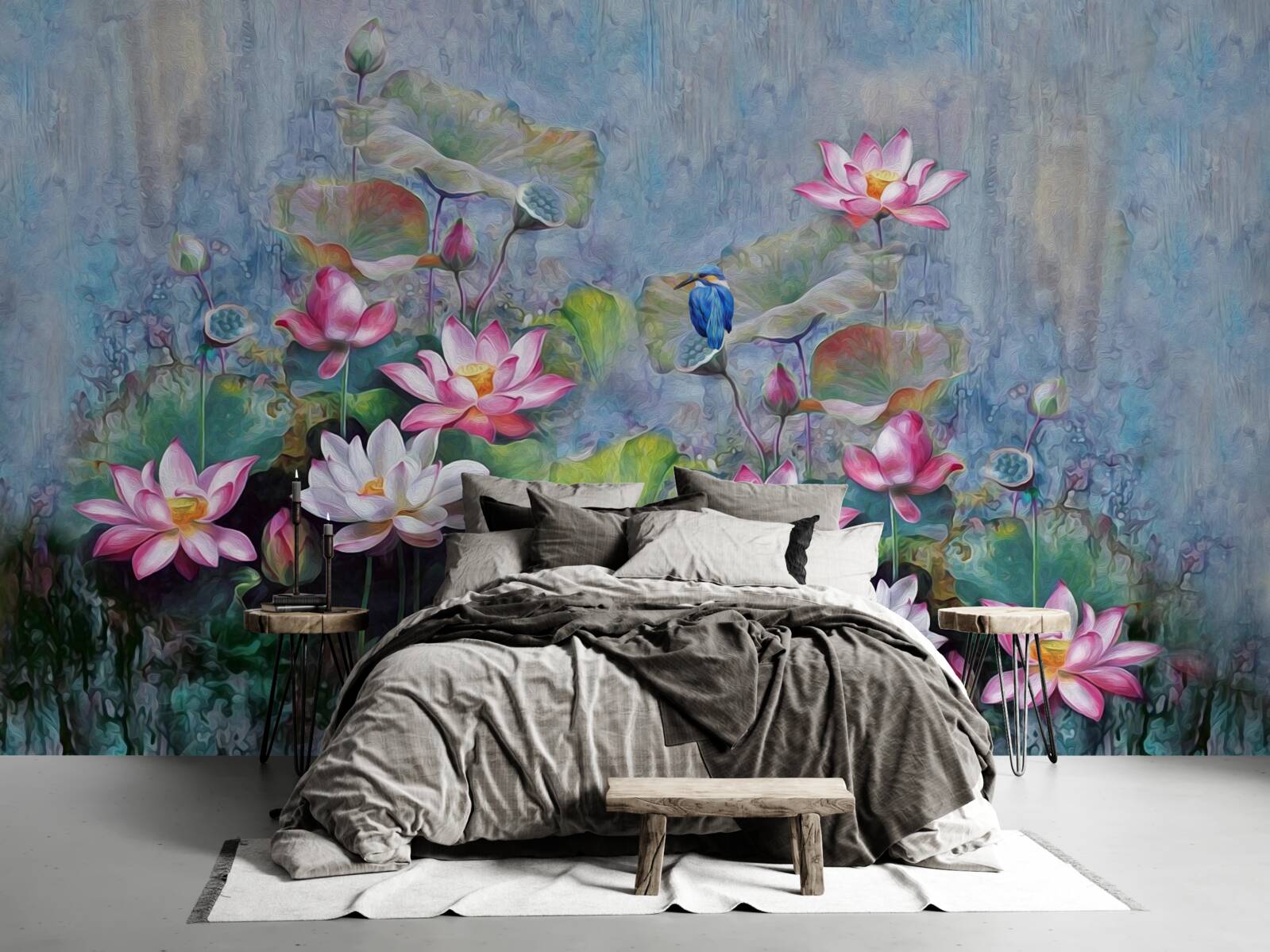 Fototapeta niebieski ptak wśród lilii wodnej