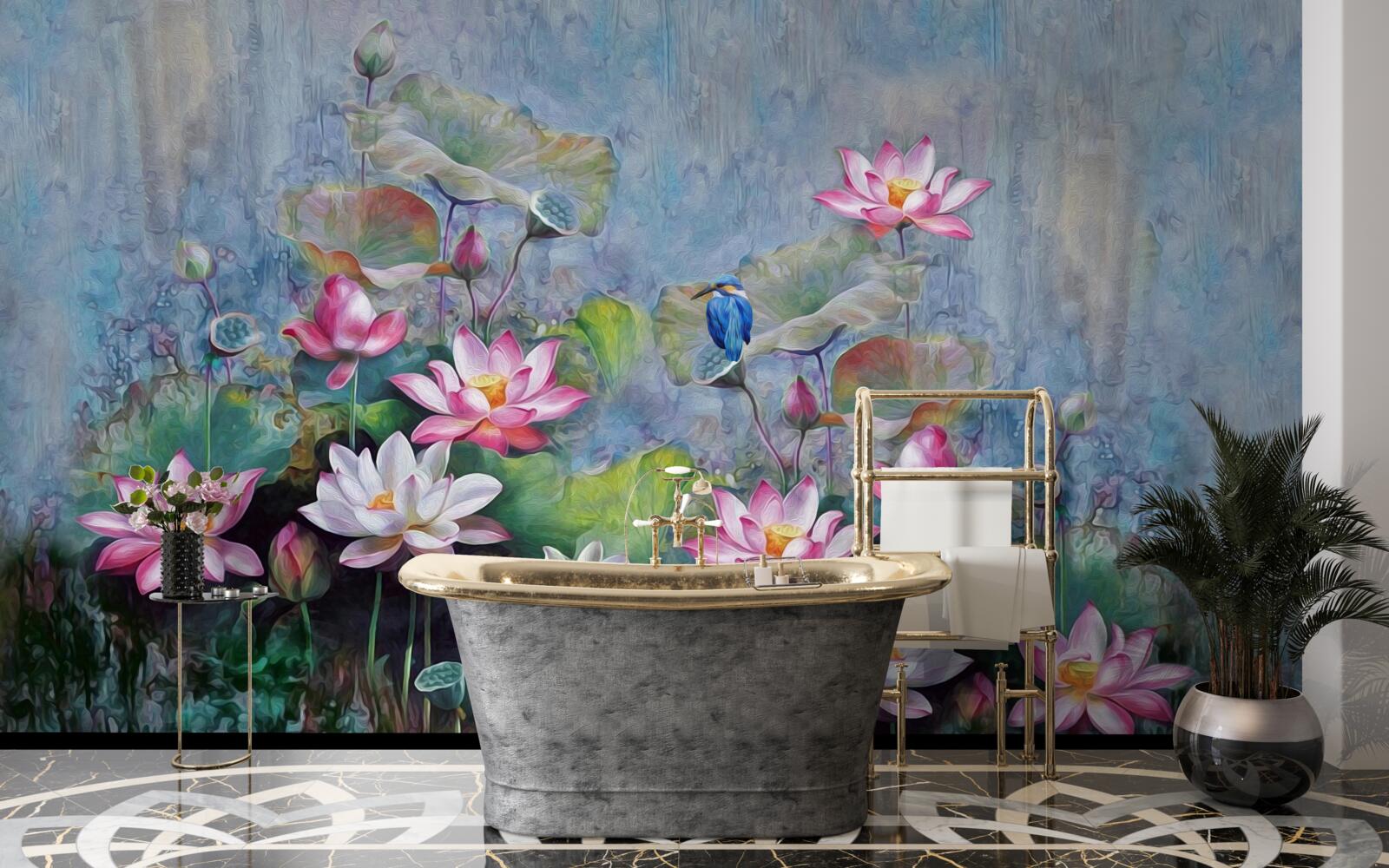 Fototapeta niebieski ptak wśród lilii wodnej