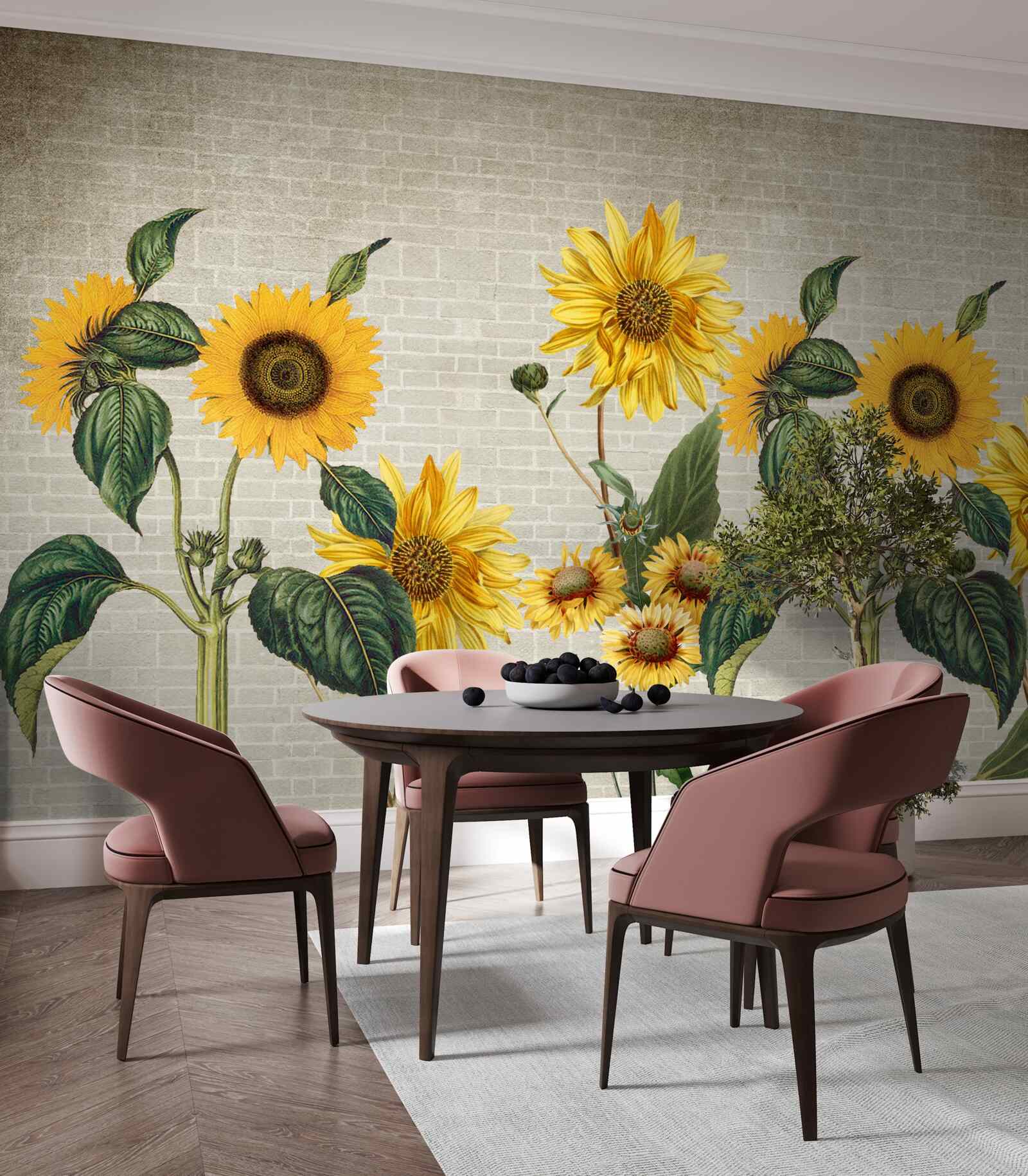 Fototapeta Ściana z cegieł ze słonecznikami na pierwszym planie