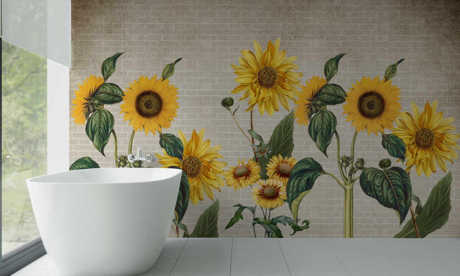 Fototapeta Ściana z cegieł ze słonecznikami na pierwszym planie