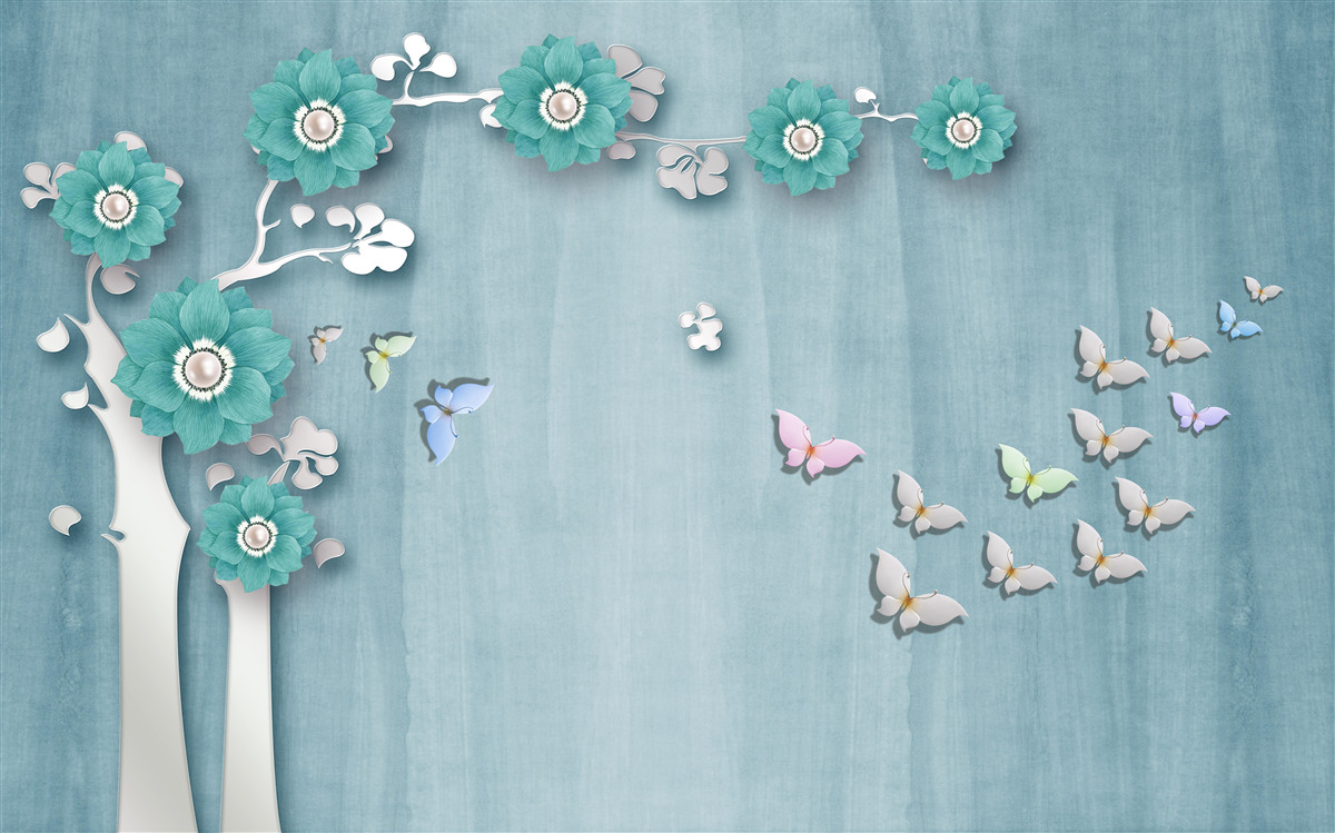 Fototapeta motyle i zielone kwiaty zdobiące drzewo