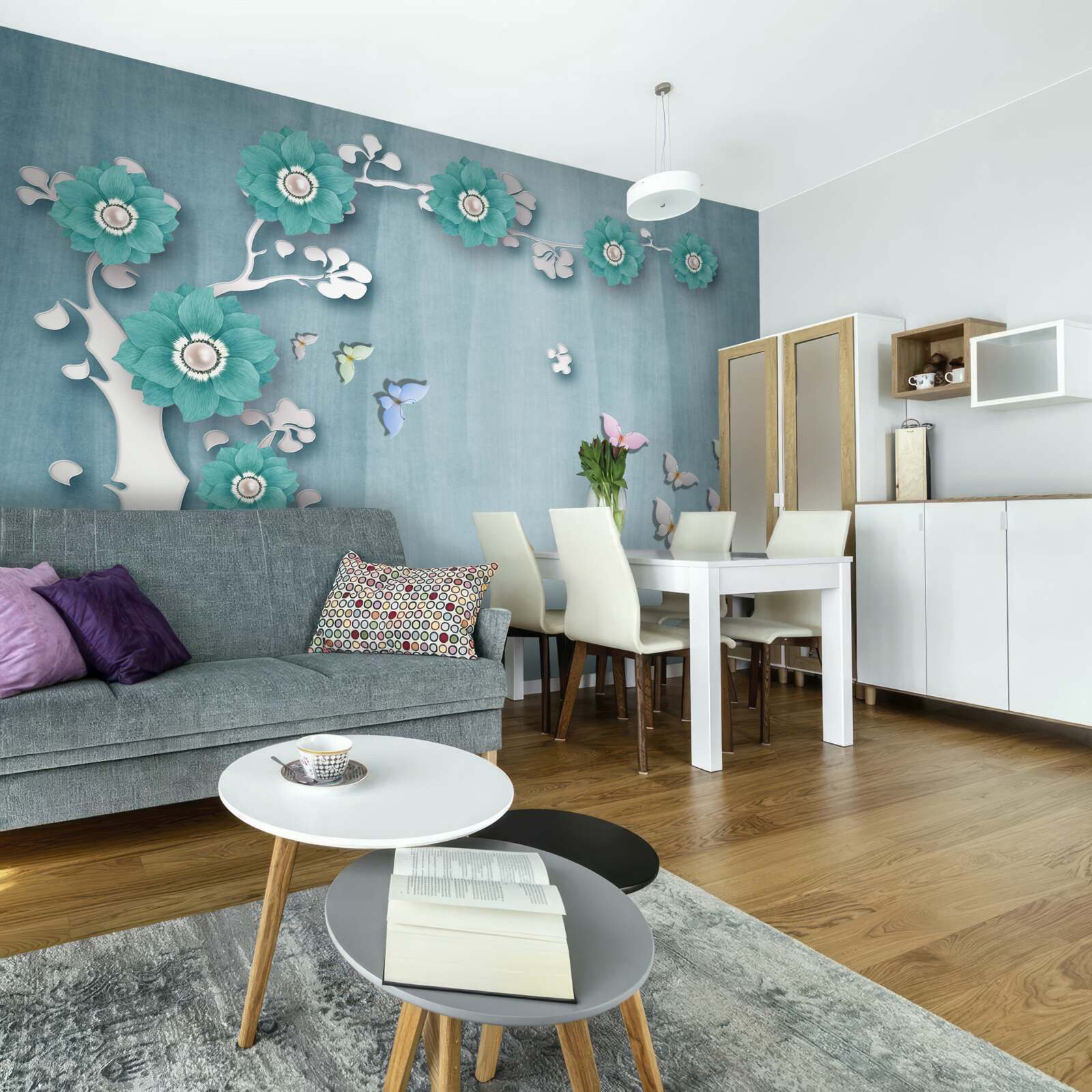 Fototapeta motyle i zielone kwiaty zdobiące drzewo