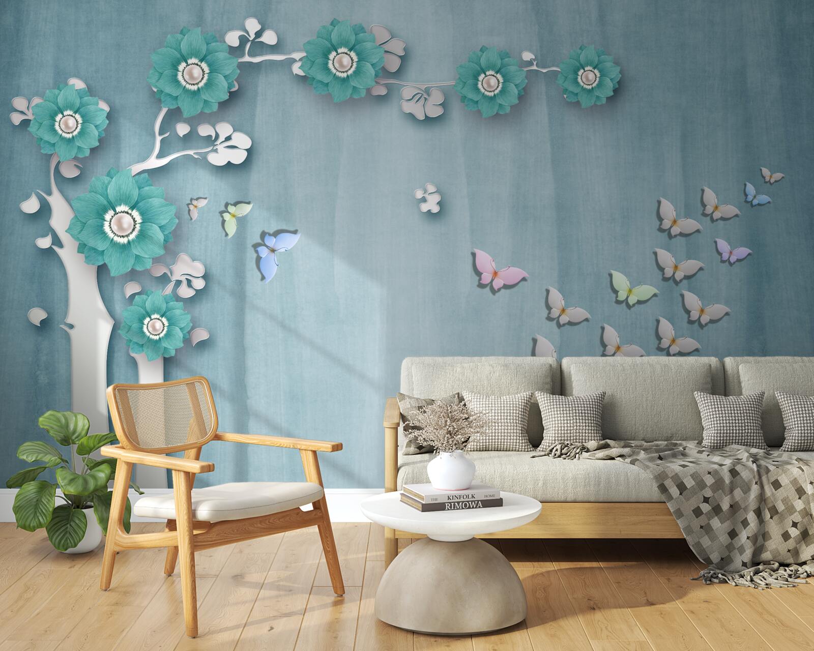 Fototapeta motyle i zielone kwiaty zdobiące drzewo