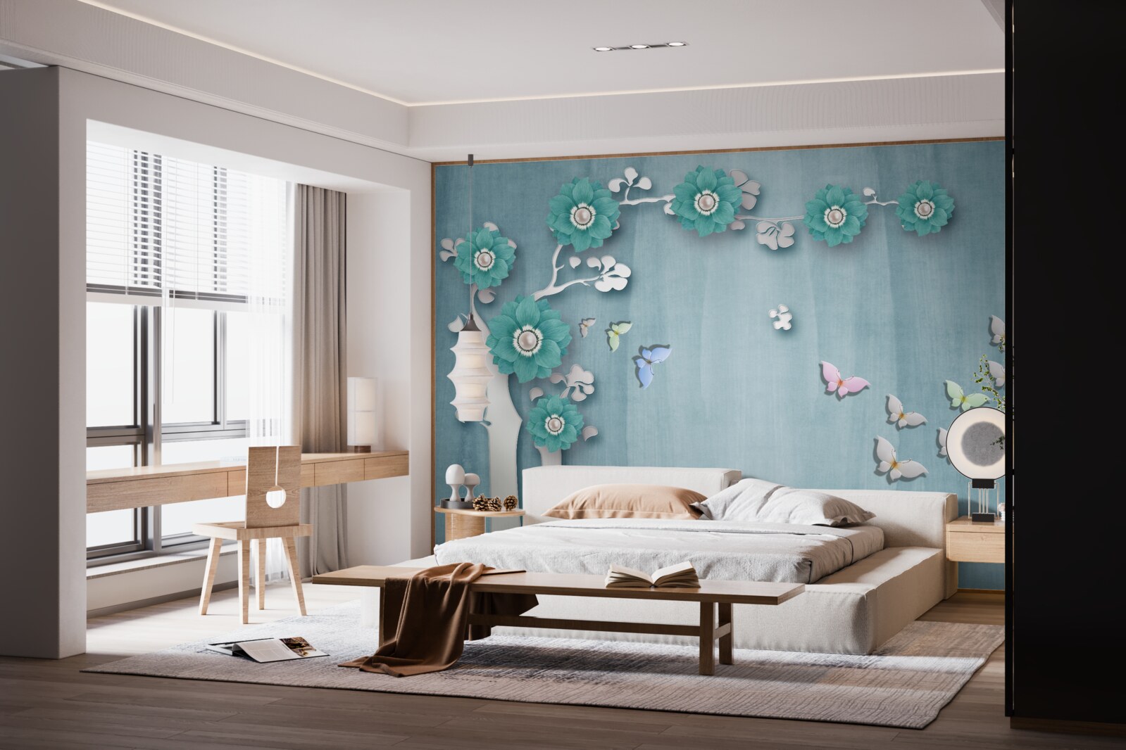 Fototapeta motyle i zielone kwiaty zdobiące drzewo