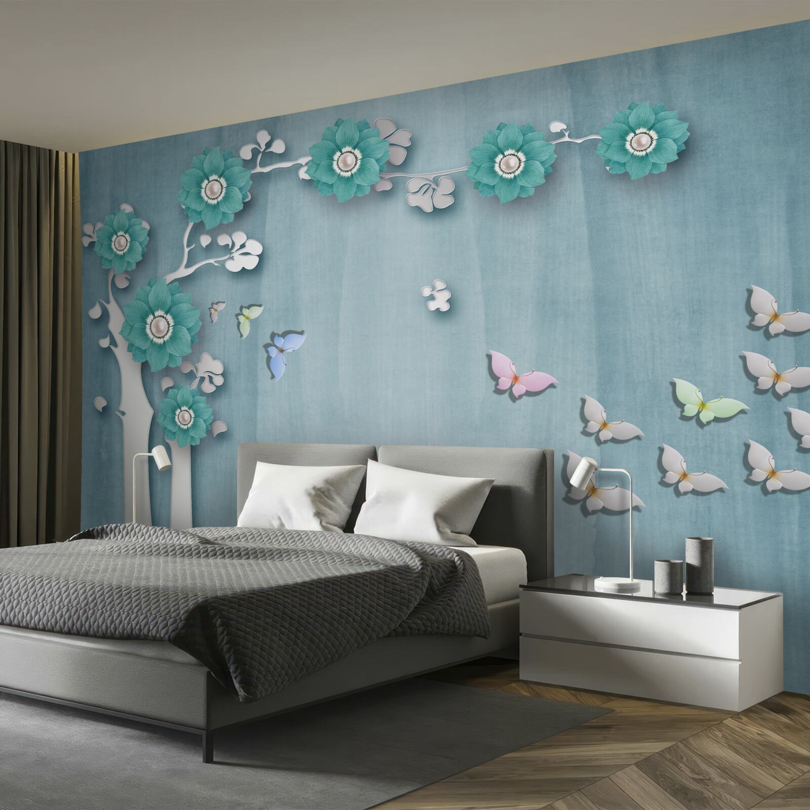 Fototapeta motyle i zielone kwiaty zdobiące drzewo