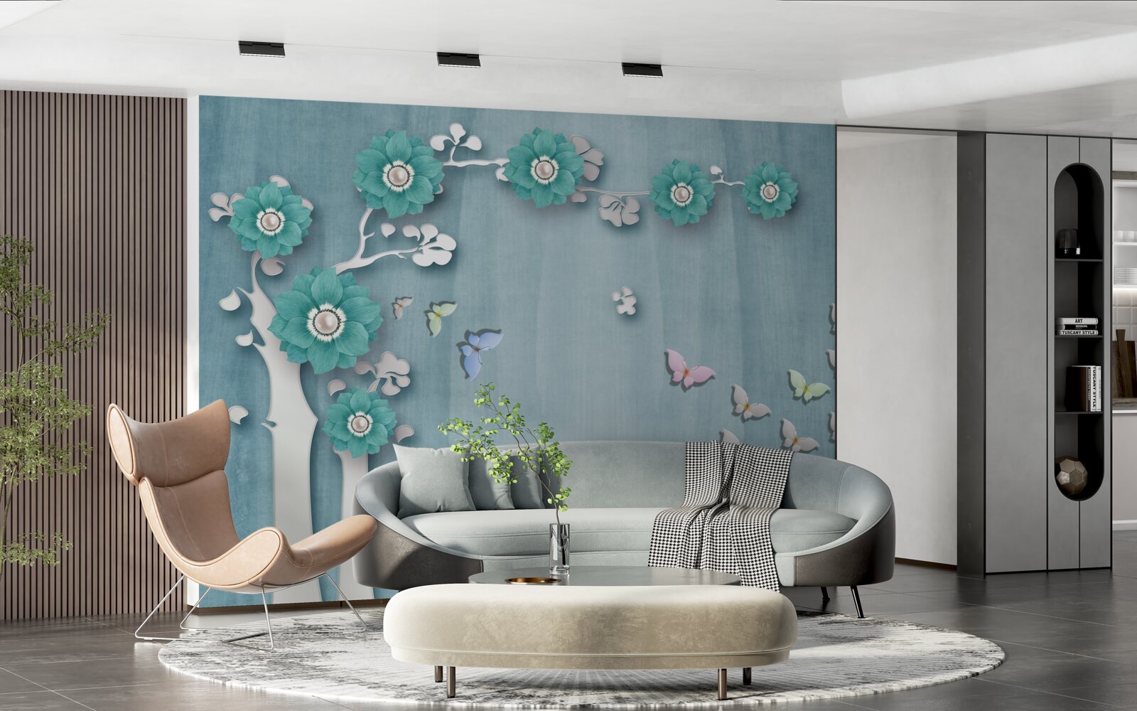 Fototapeta motyle i zielone kwiaty zdobiące drzewo