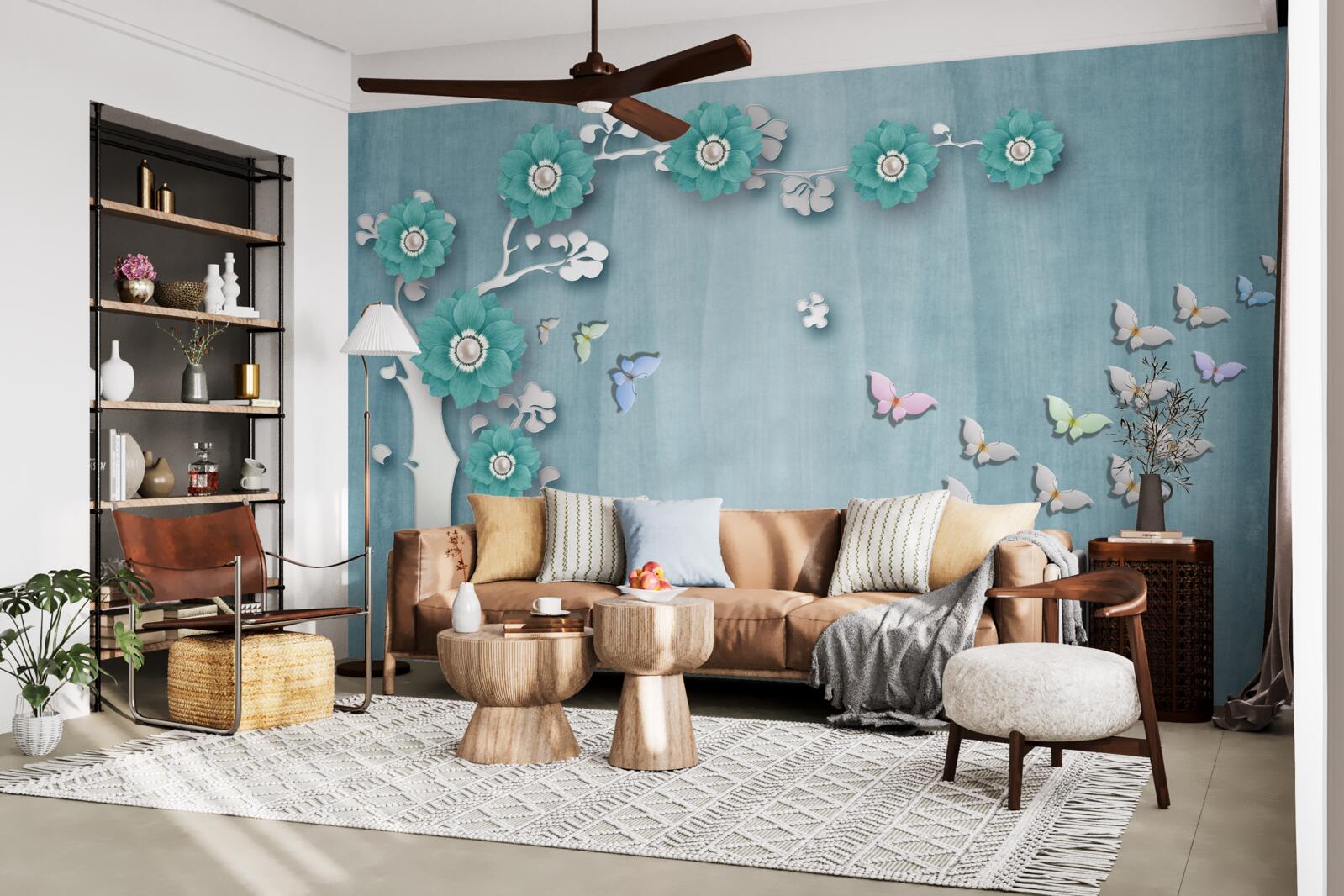 Fototapeta motyle i zielone kwiaty zdobiące drzewo