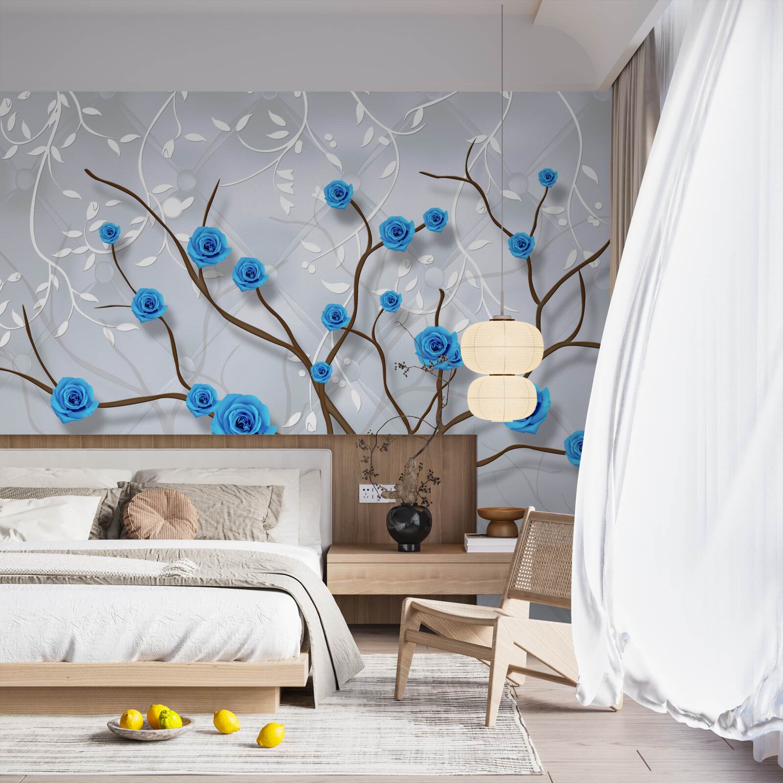 Fototapeta różowe drzewo z niebieskimi kwiatami