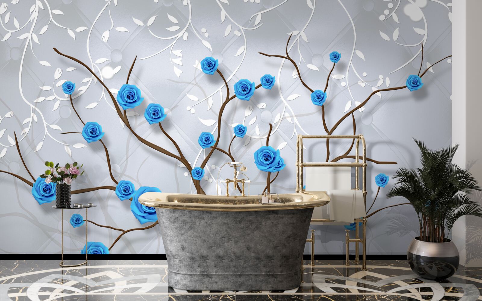 Fototapeta różowe drzewo z niebieskimi kwiatami