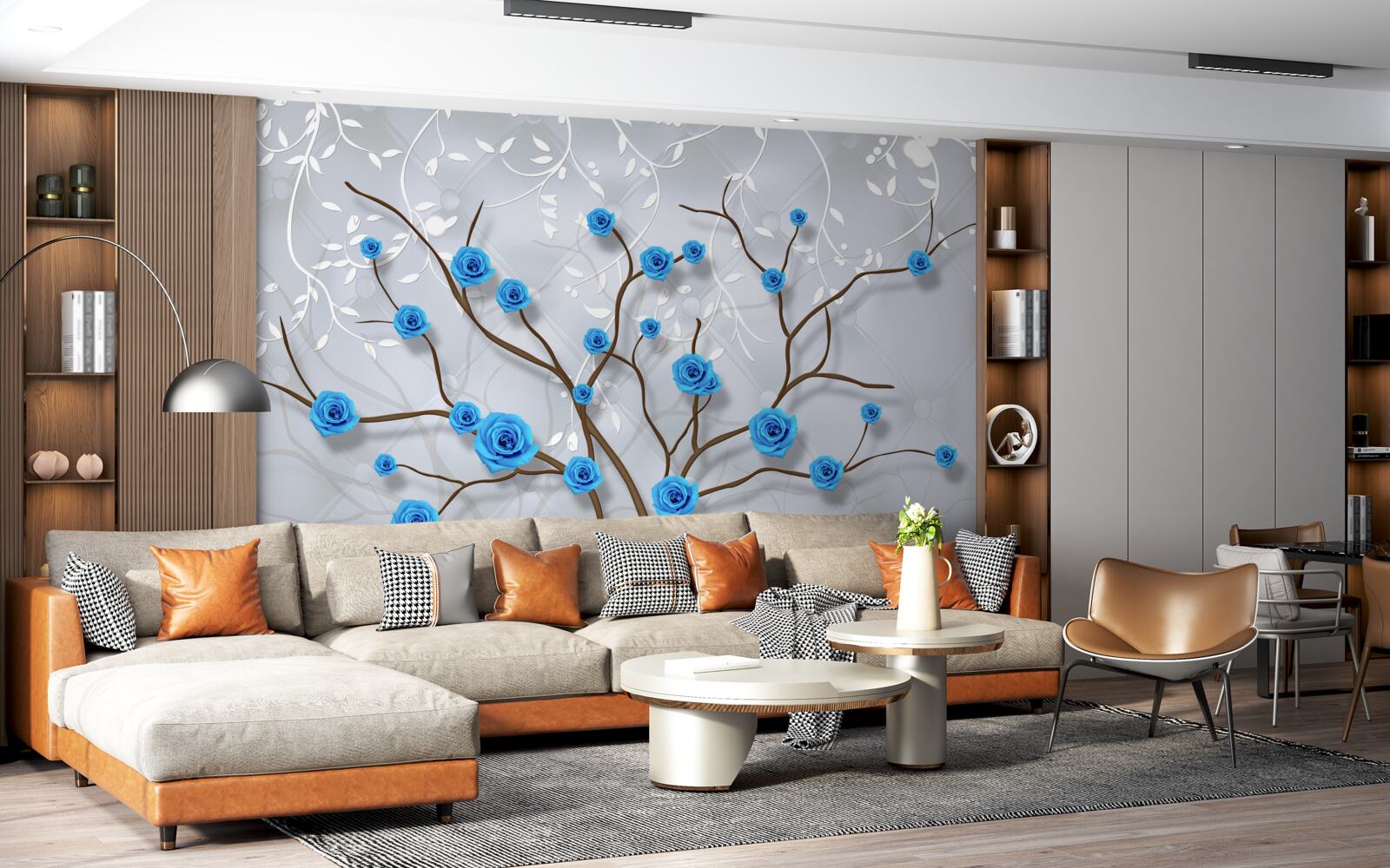 Fototapeta różowe drzewo z niebieskimi kwiatami