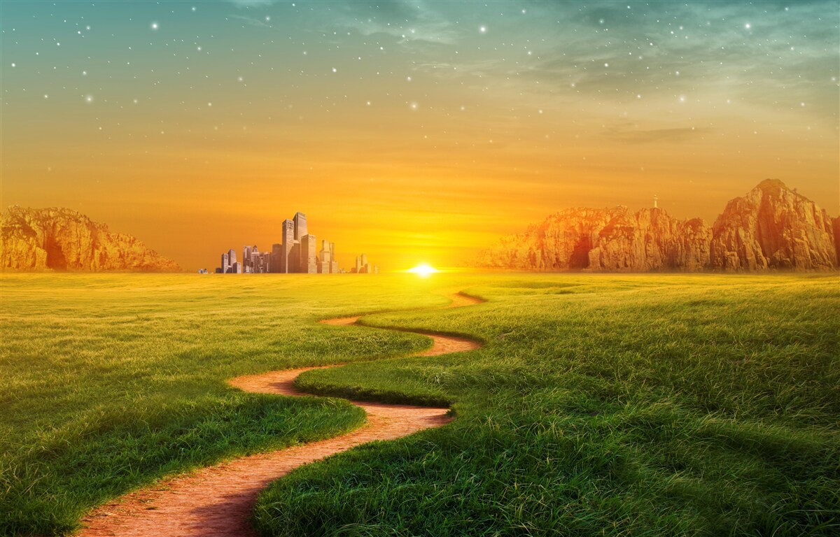 Fototapeta zachód słońca nad rozległymi polami