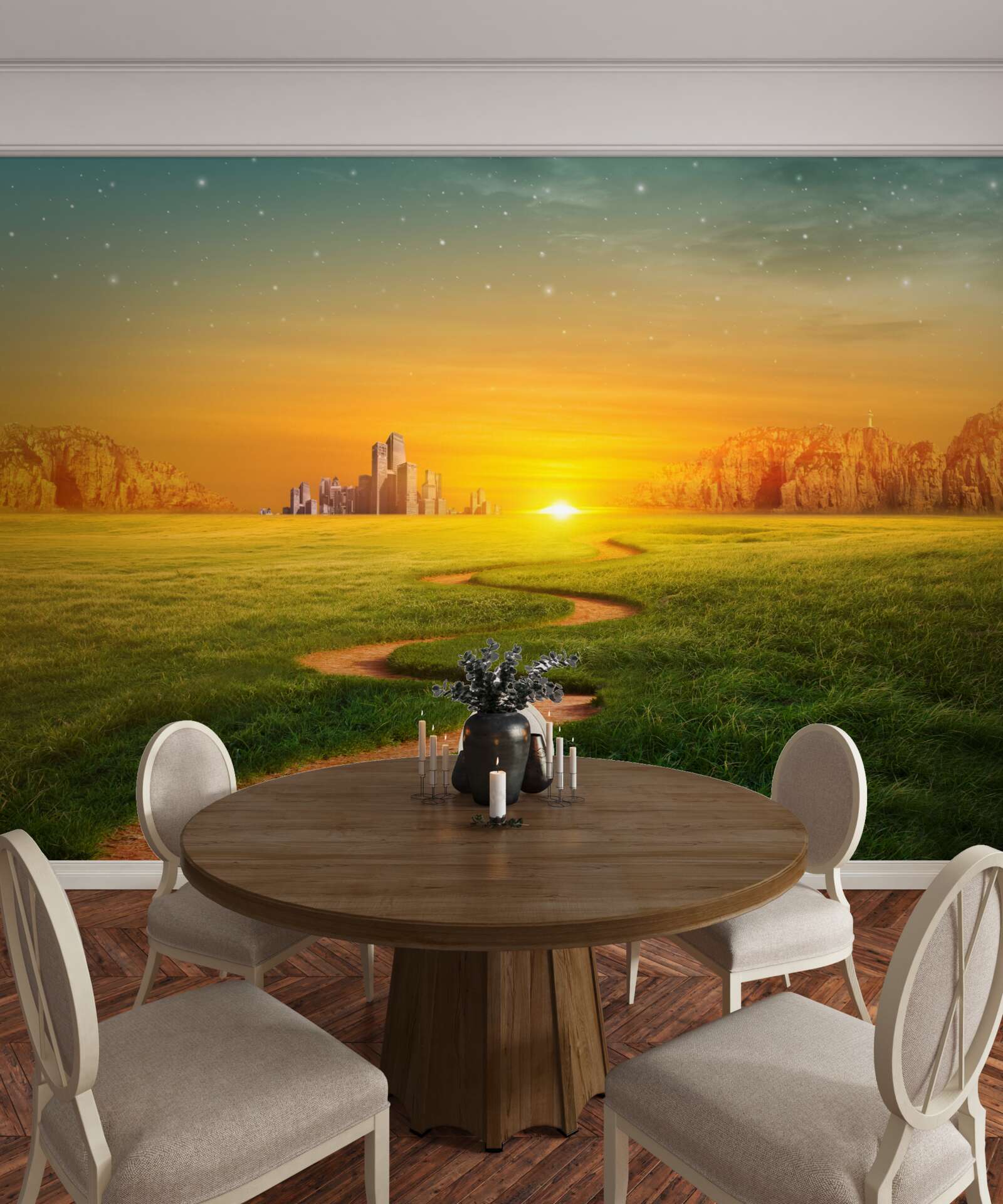 Fototapeta zachód słońca nad rozległymi polami