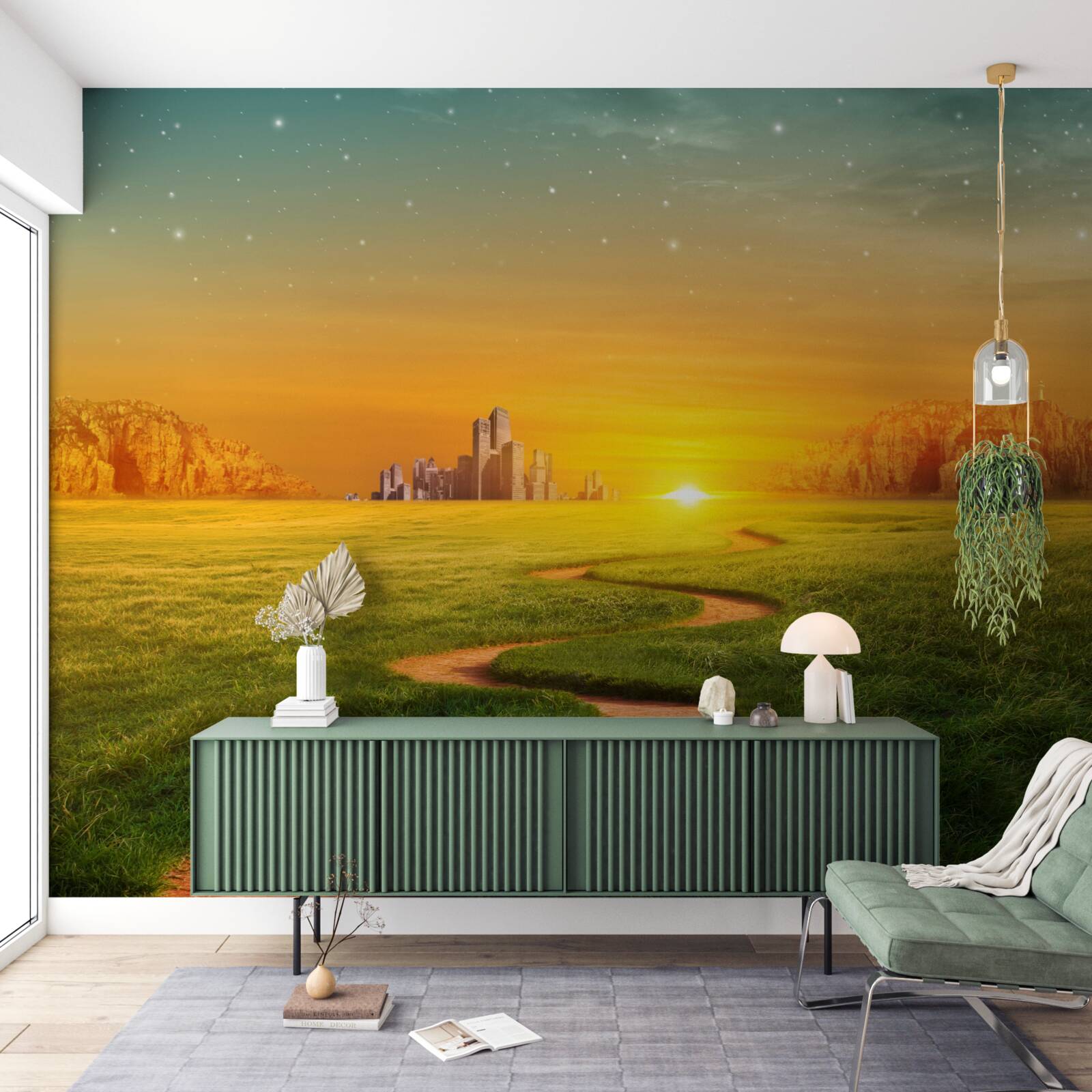 Fototapeta zachód słońca nad rozległymi polami