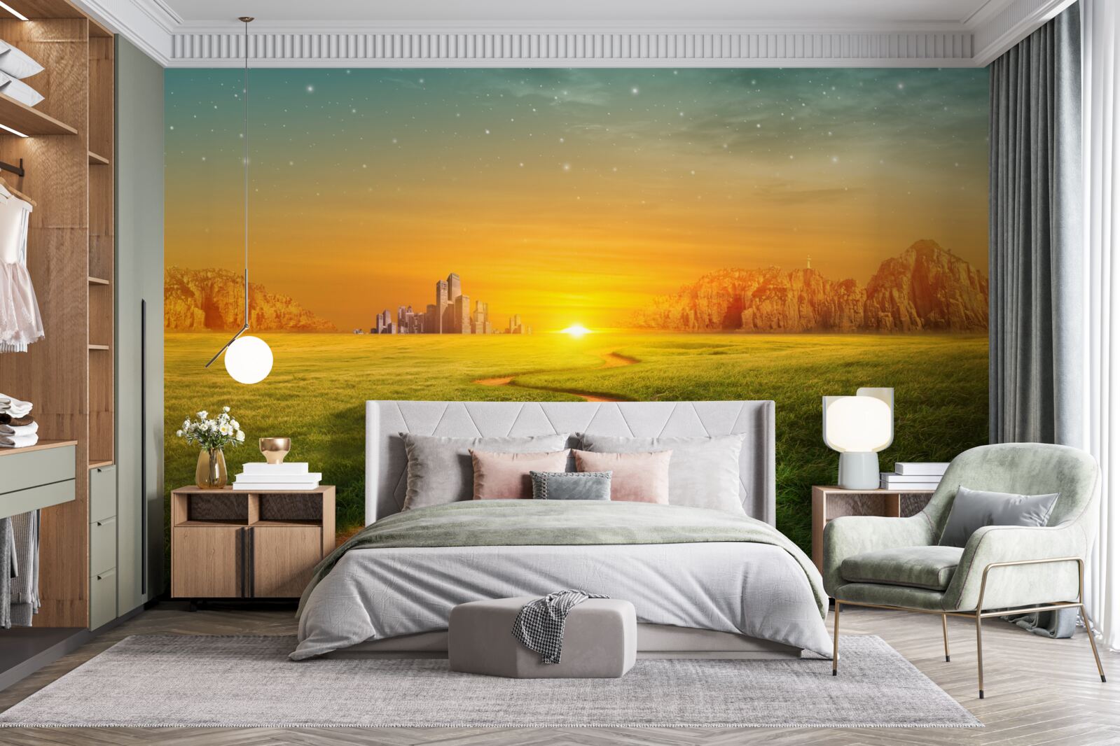 Fototapeta zachód słońca nad rozległymi polami