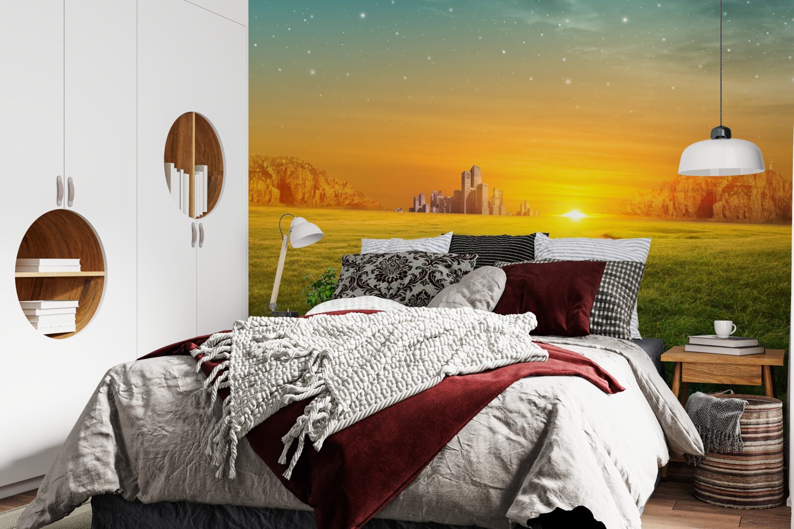 Fototapeta zachód słońca nad rozległymi polami