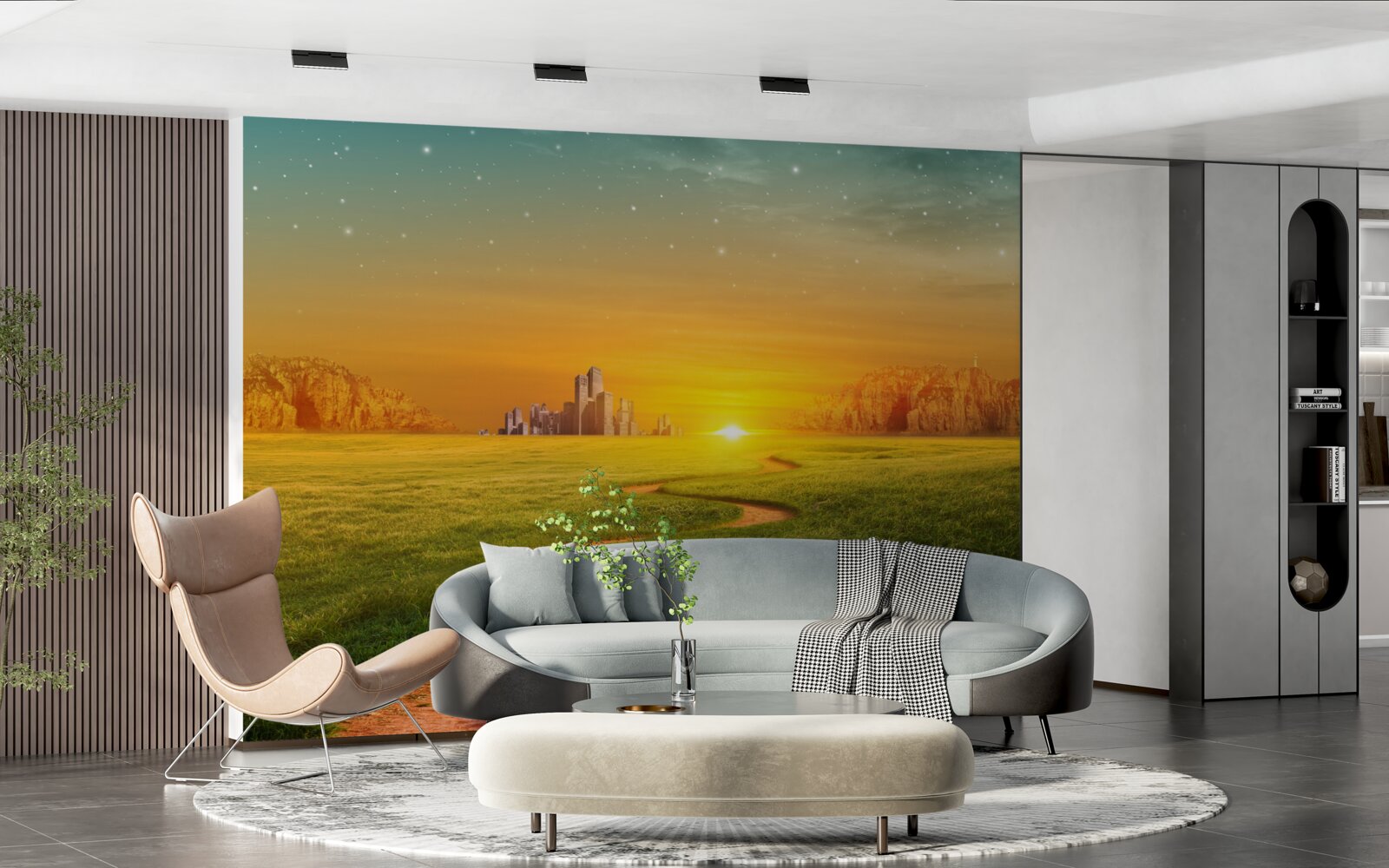 Fototapeta zachód słońca nad rozległymi polami