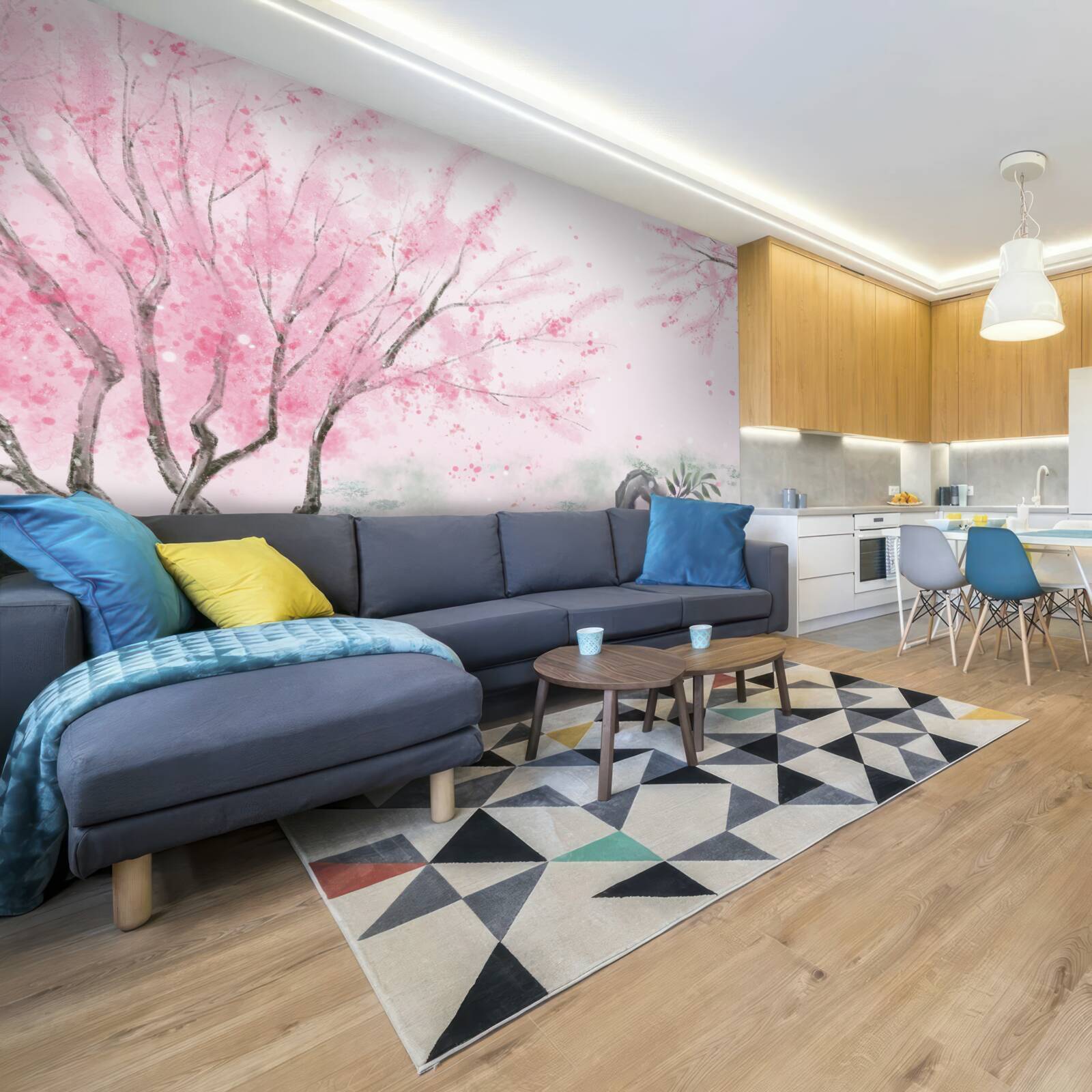 Fototapeta sakura w pobliżu stawu jest pomalowana na różowo