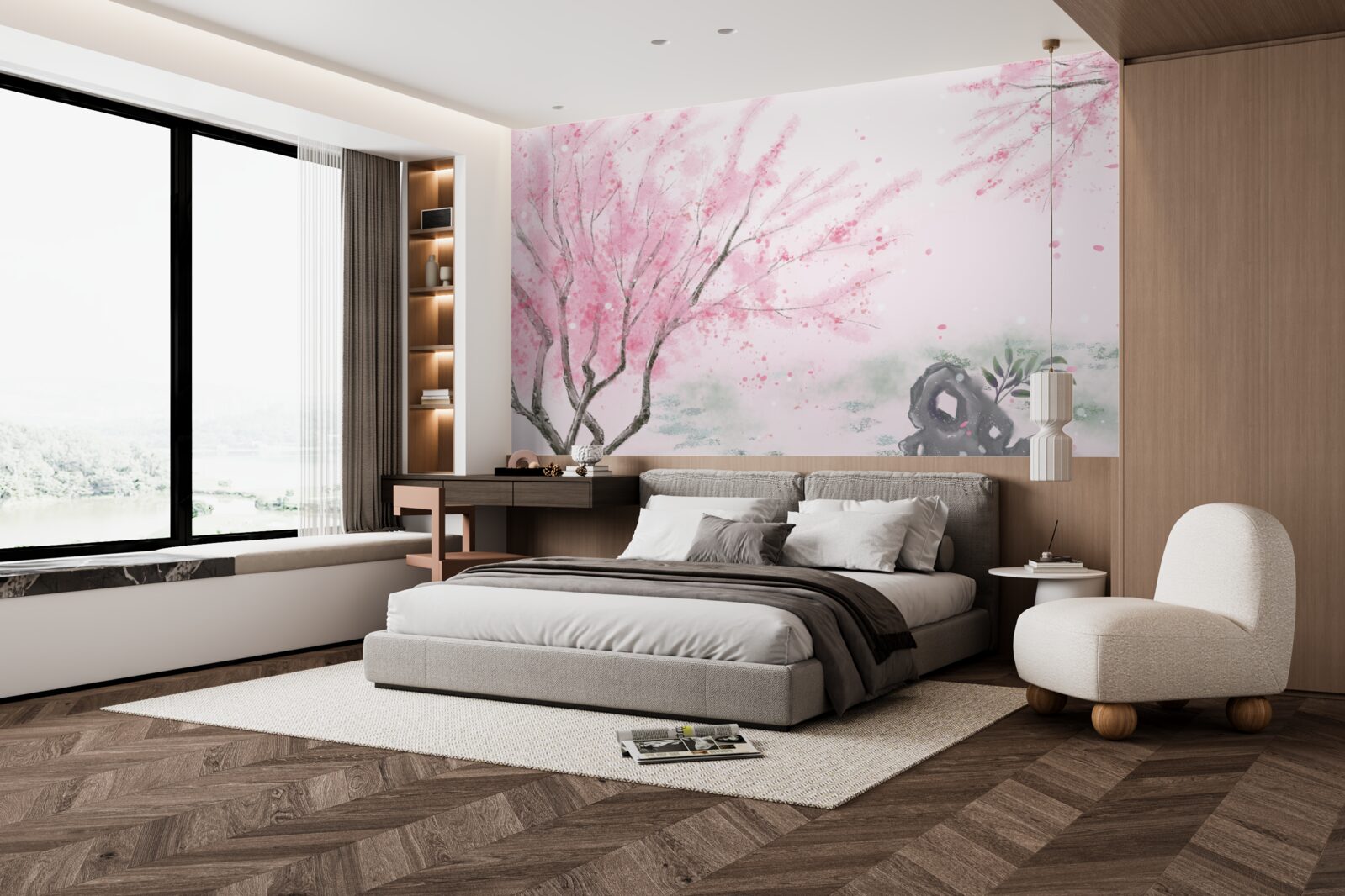 Fototapeta sakura w pobliżu stawu jest pomalowana na różowo